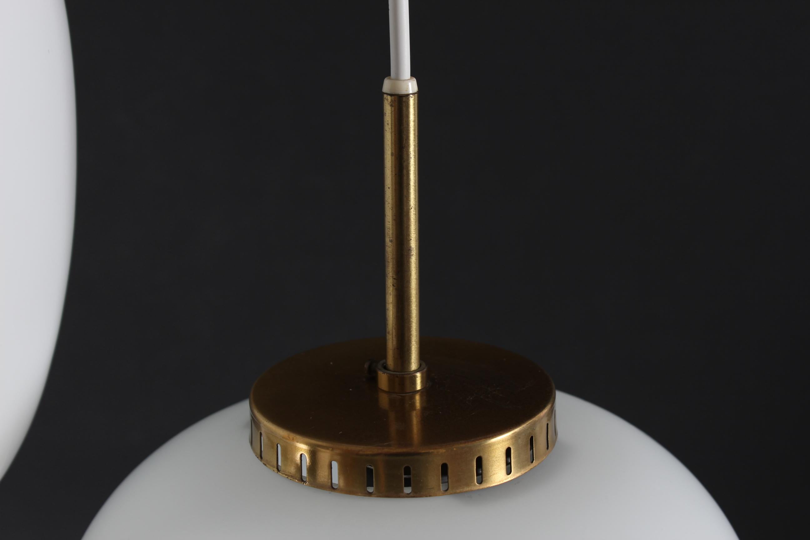 Mid-Century Modern Pair of Bent Karlby Small China Pendants of Opaline Glass + Brass by Lyfa, 1960s For Sale