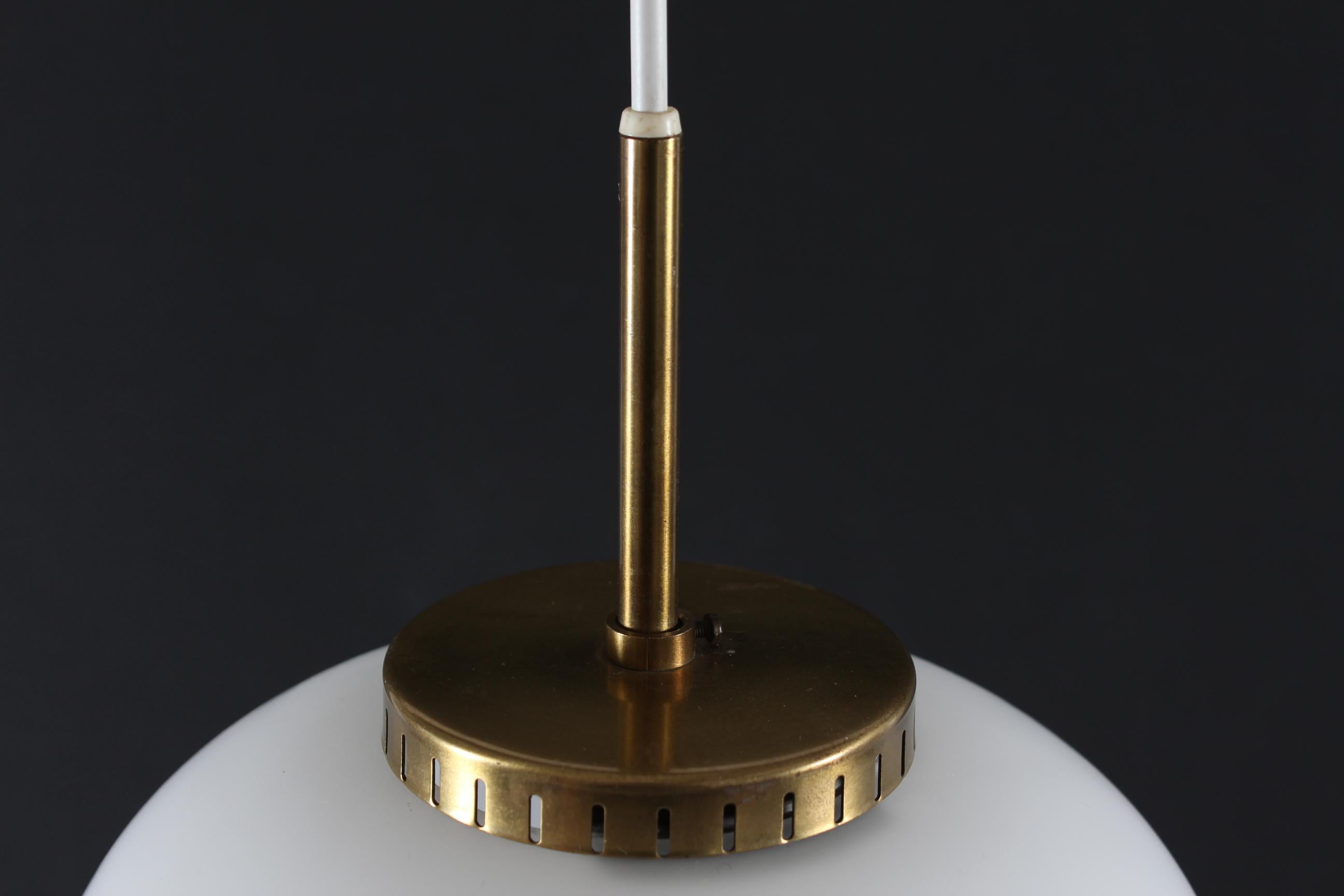 Danish Pair of Bent Karlby Small China Pendants of Opaline Glass + Brass by Lyfa, 1960s For Sale