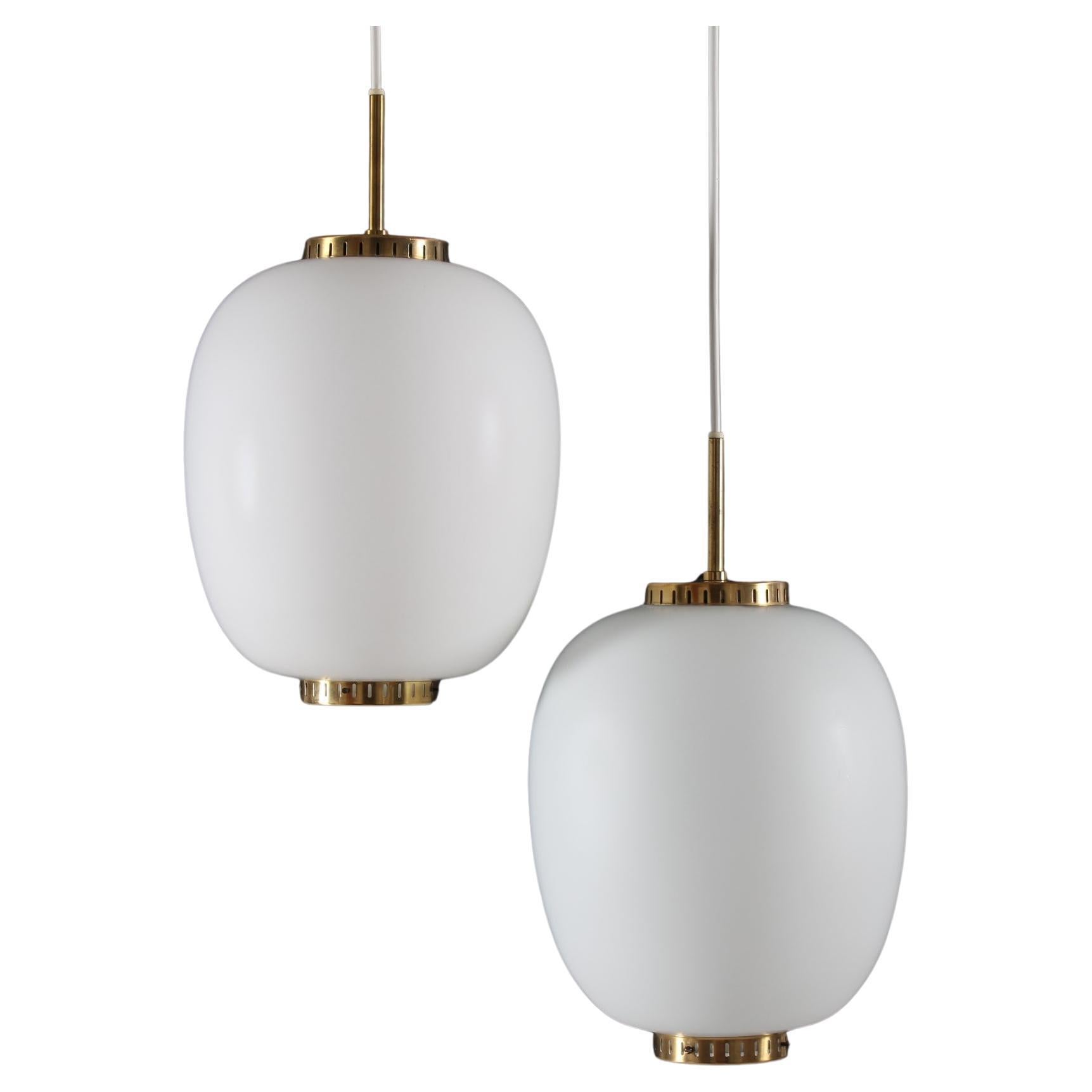 Pair of Bent Karlby Small China Pendants of Opaline Glass + Brass by Lyfa, 1960s