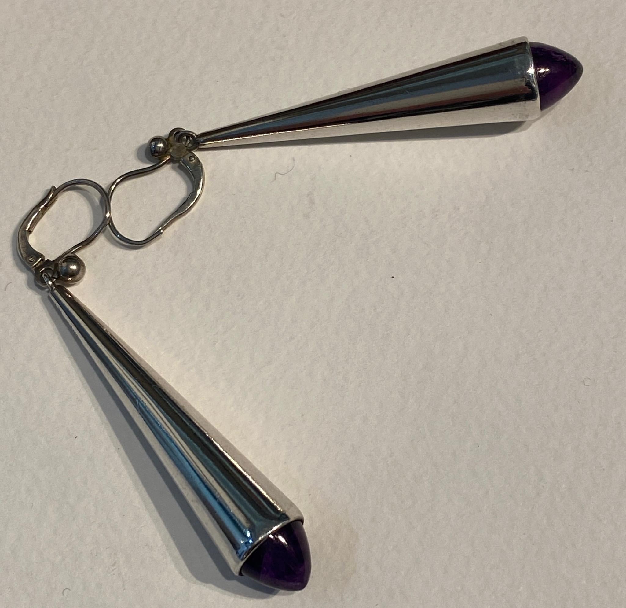 Contemporary Pair of Bent Knudsen Sterling Silver Earrings with Amethyst For Sale