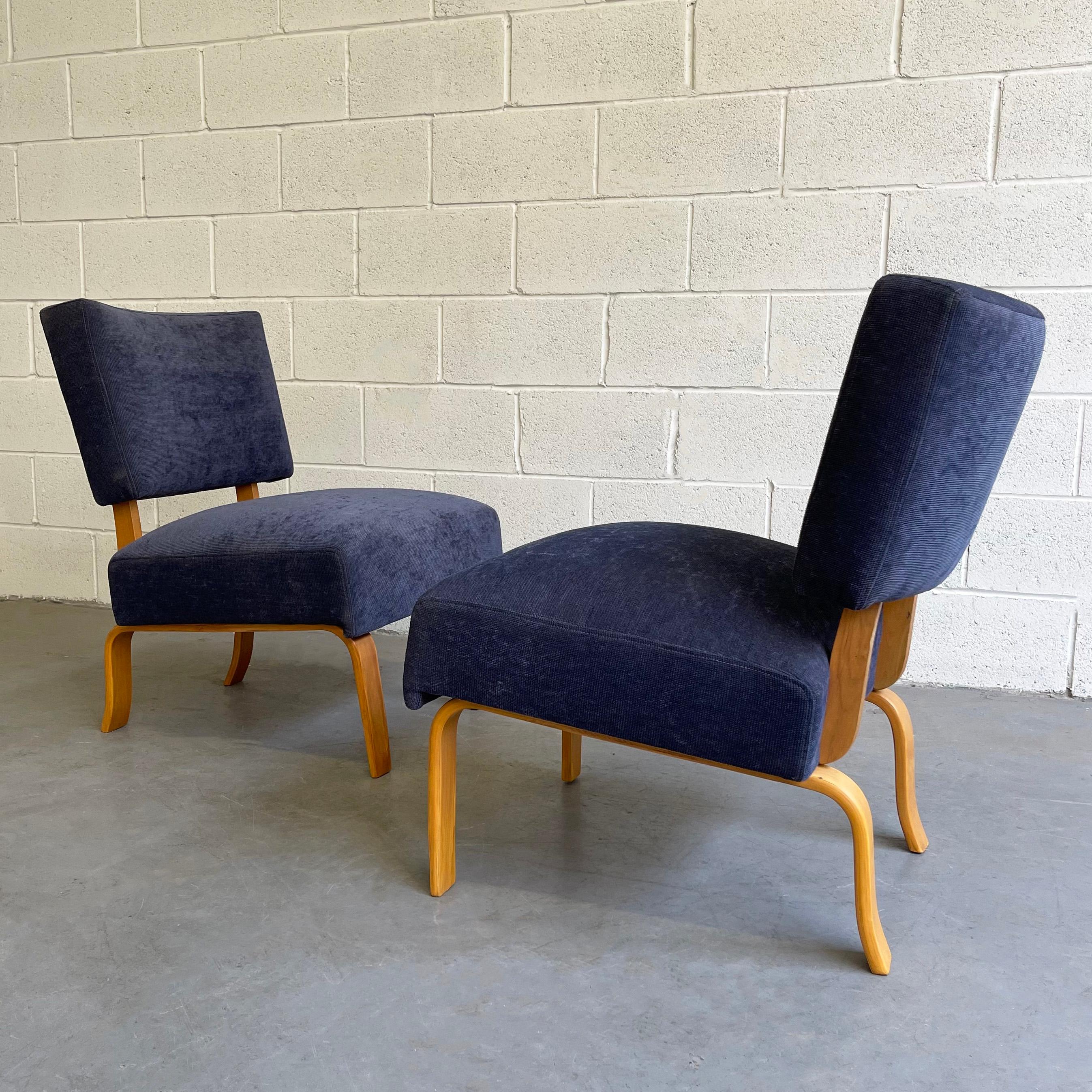 American Pair of Bent Maple Upholstered Slipper Lounge Chairs by Thonet