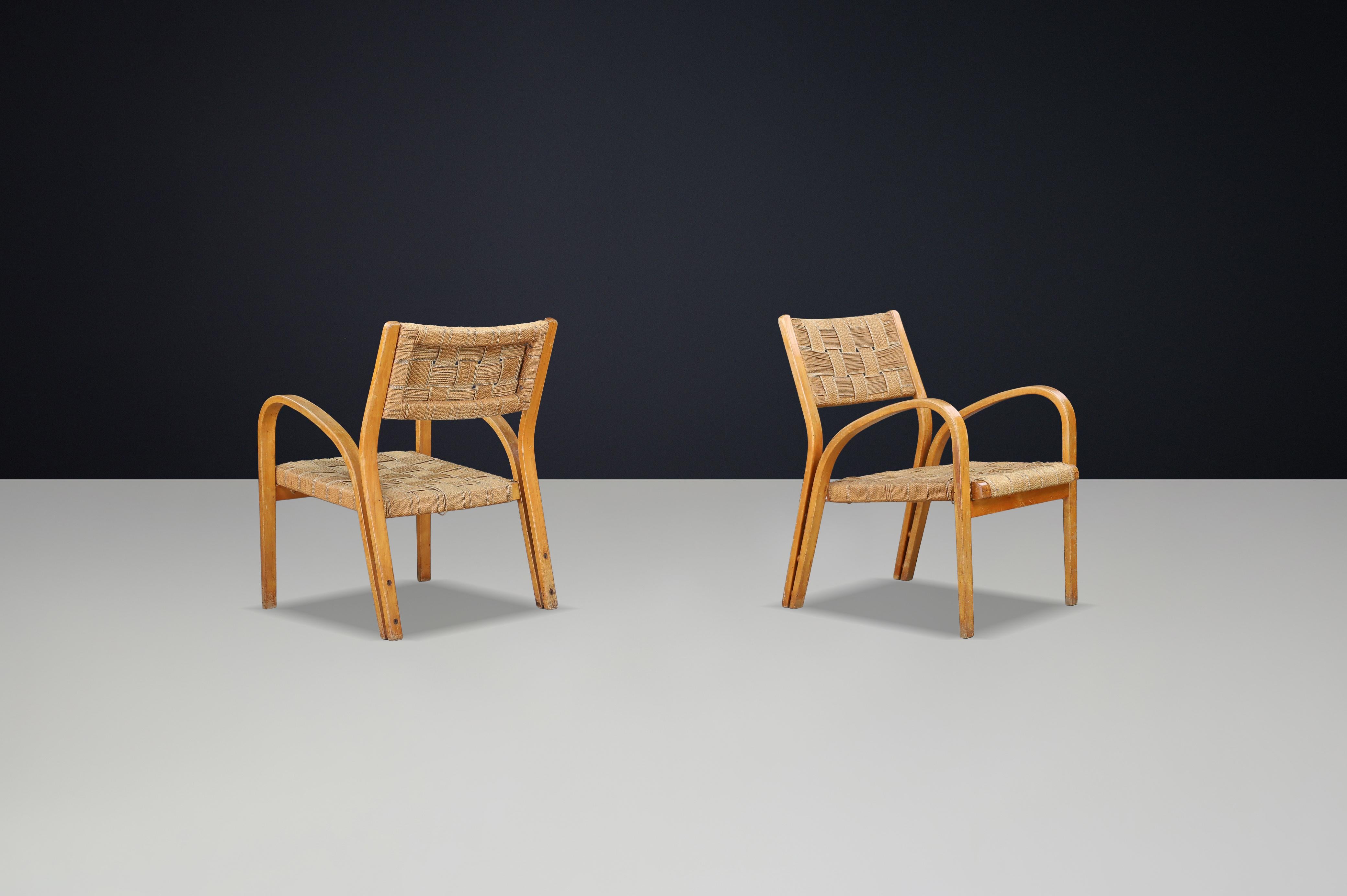 Corda Coppia di poltrone in compensato curvato e corda intrecciata di Augusto Romano, Italia, anni '40