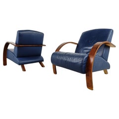 Pair of Bentwood and Blue Leather Armchairs, 1970s