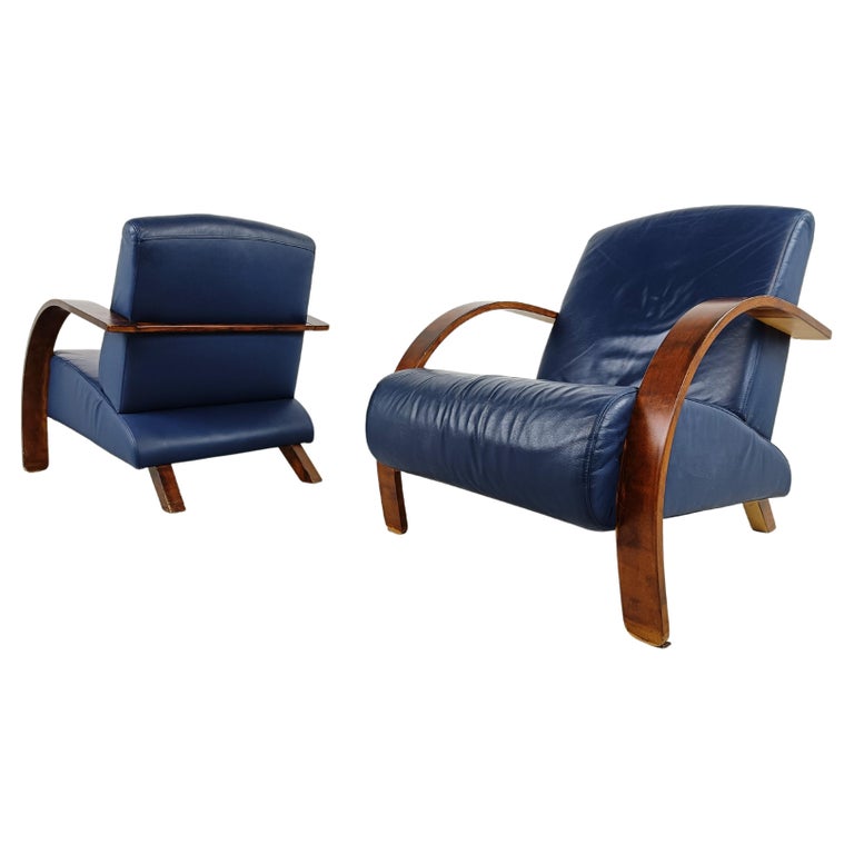 Pair of bentwood and blue leather armchairs, 1970s For Sale at 1stDibs