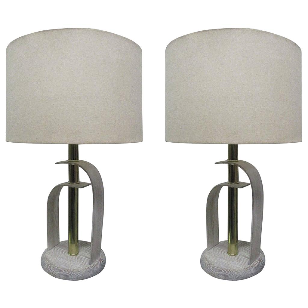 Pair of Bentwood and Brass Cerused Oak Lamps
