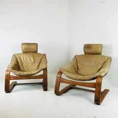 Pair of Bentwood and Leather Cantilever Midcentury Lounge Chairs