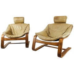 Pair of Bentwood and Leather Cantilever Midcentury Lounge Chairs