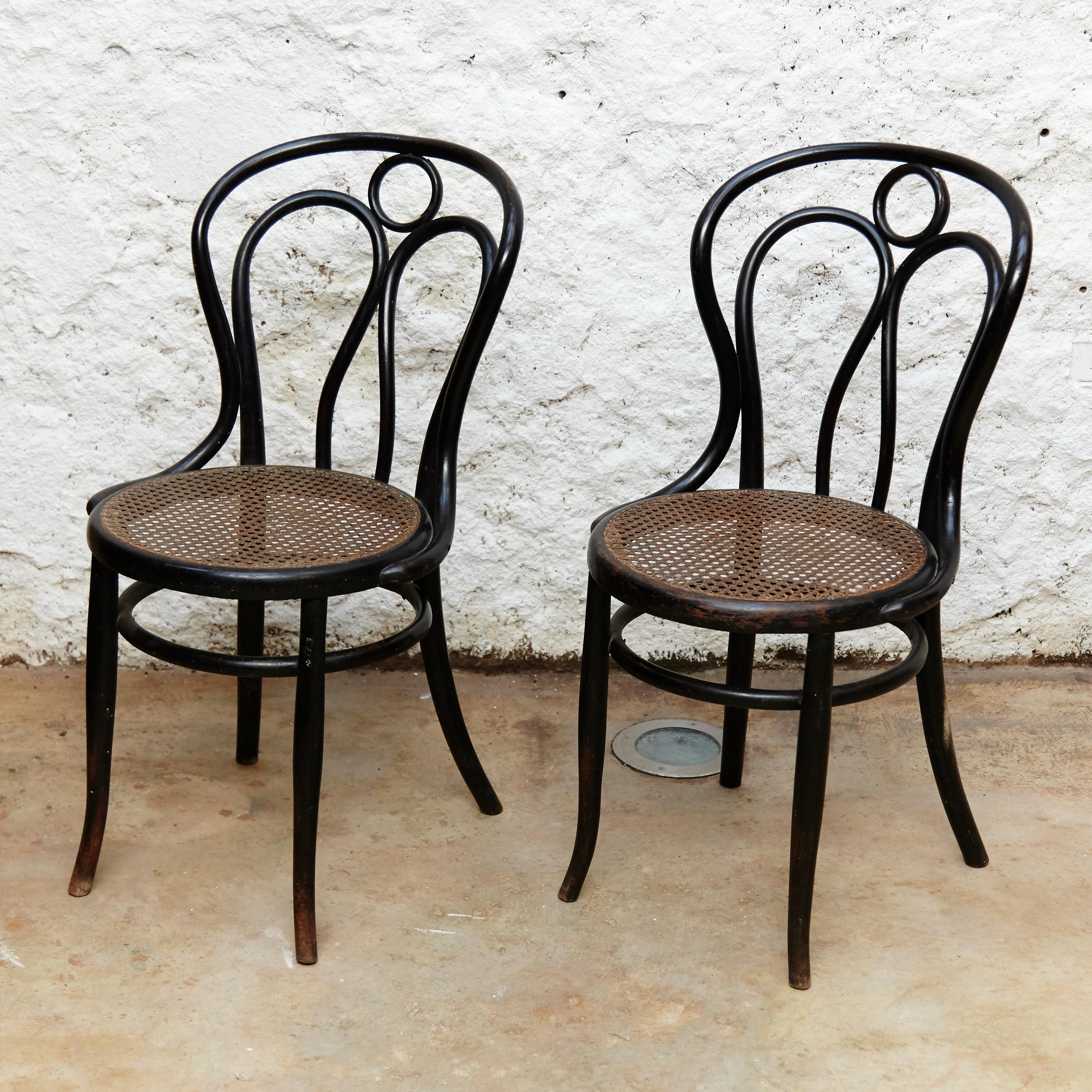 Arts and Crafts Pair of Bentwood and Rattan Hofman Black Chairs, circa 1900