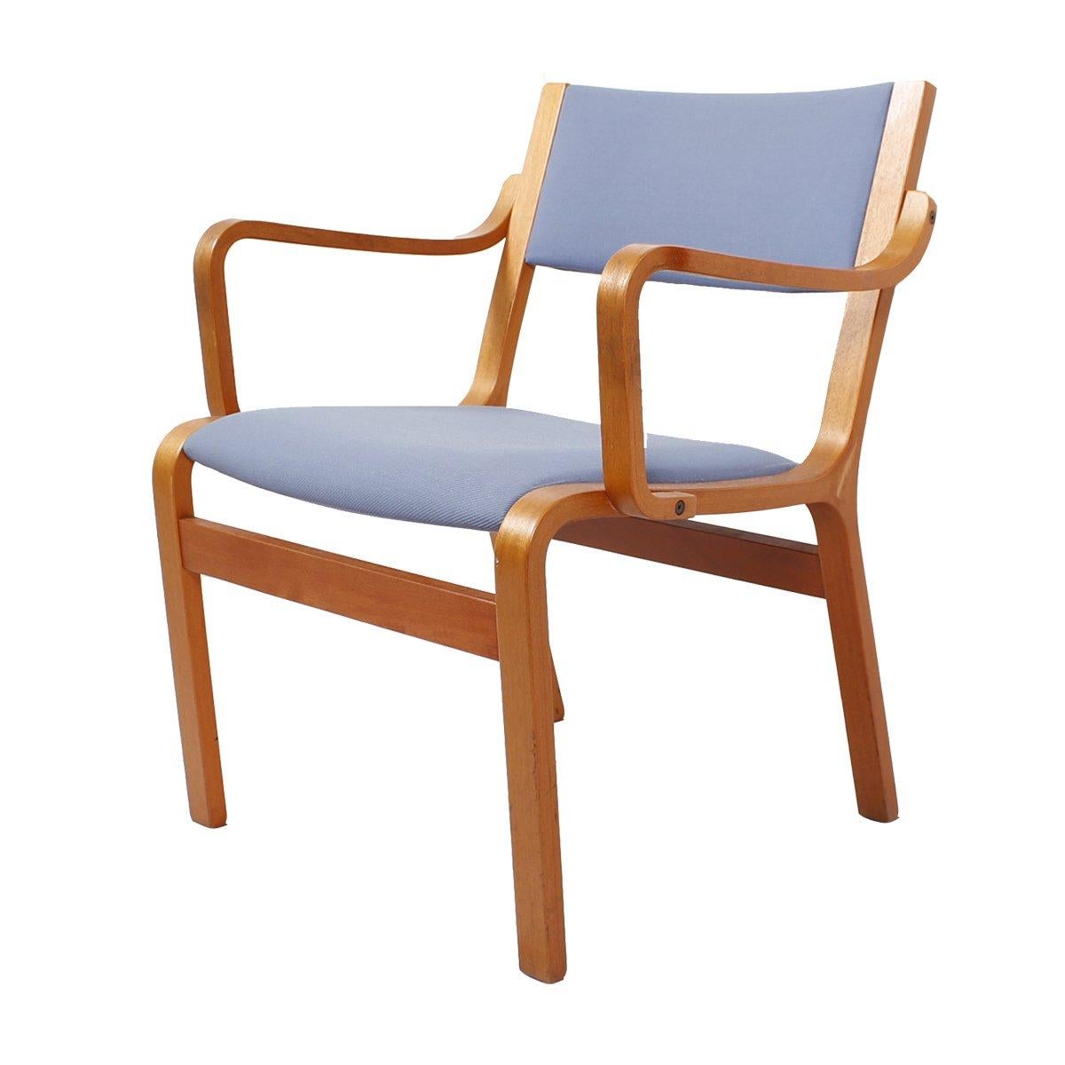 Pair of Bentwood Arm Chairs with Blue Upholstery from Danish Embassy
 
 Additional information:
 Material: Bentwood, Upholstery
 Here is a handsome pair of accent chairs with blond wood and blue upholstery. The arms and legs are bentwood, adding