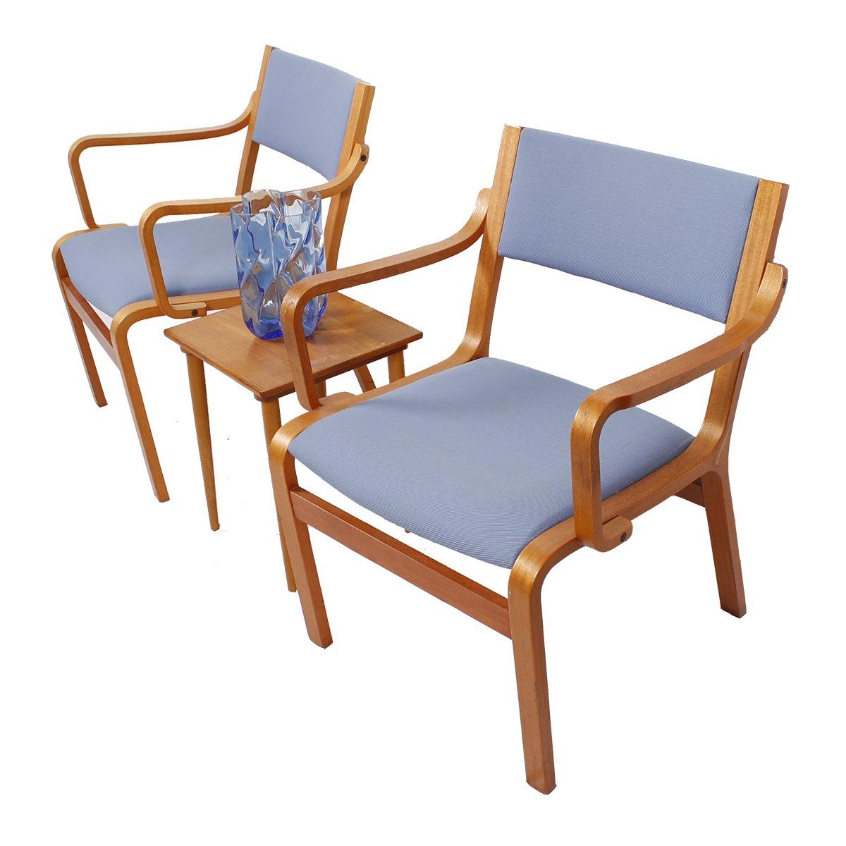 Mid-Century Modern Pair of Bentwood Arm Chairs with Blue Upholstery from Danish Embassy