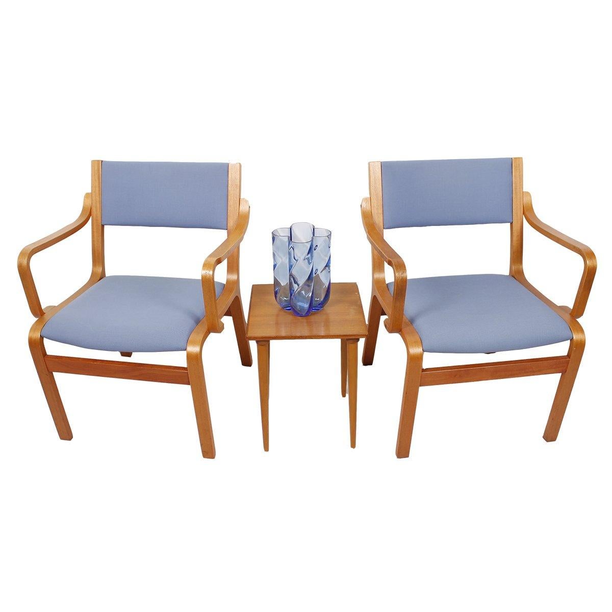 Pair of Bentwood Arm Chairs with Blue Upholstery from Danish Embassy In Excellent Condition In Kensington, MD