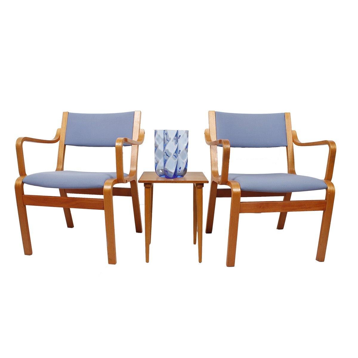 20th Century Pair of Bentwood Arm Chairs with Blue Upholstery from Danish Embassy