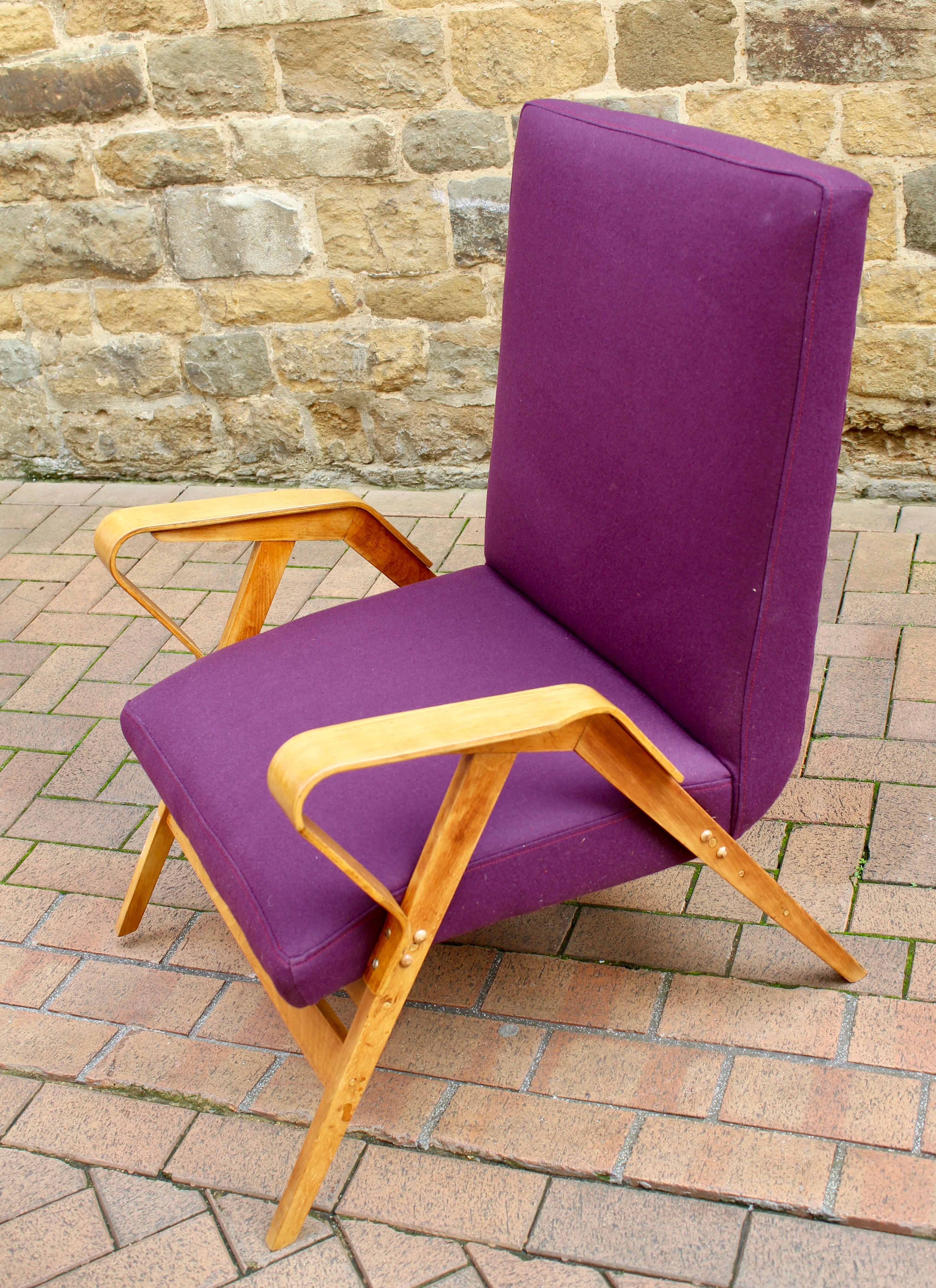 Beautiful Pair of 1960s armchairs chairs designed by Frantisek Jirak for Tatra Nabytok, a pair of Model 24-23, Czech armchairs with light oak bentwood frames which have been recently re upholstered in a deep purple colored fabric with a subtle