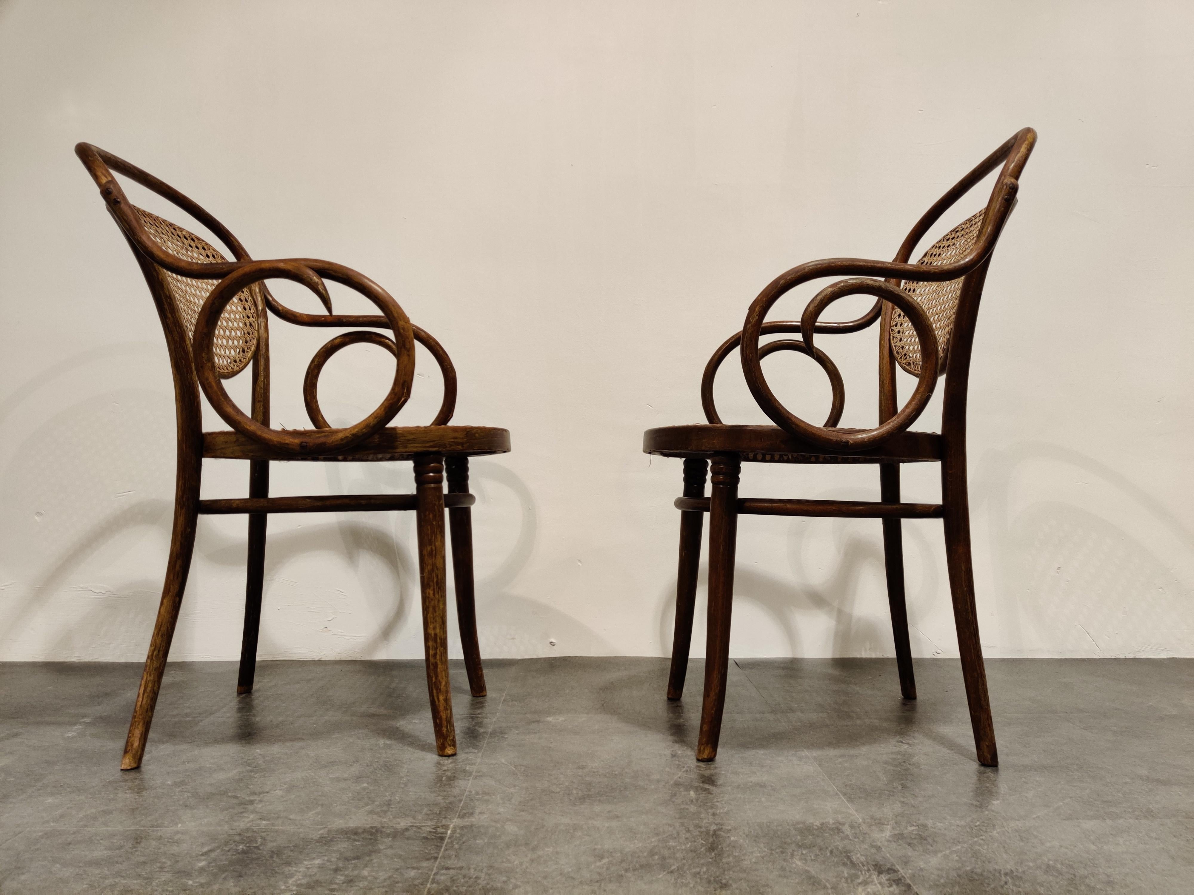 Pair of very elegant armchairs made from bentwood and rattan by ZPM Radomsko.

Beautiful Art Nouveau design.

One of the chairs is still labeled.

Good original condition.

1920s - Poland

Dimensions: 
Height 95cm/37.40