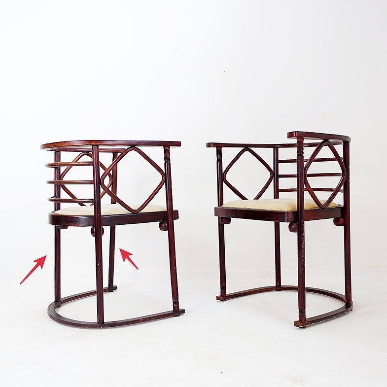 Pair of bentwood Armchairs mod. Fledermaus by Josef Hoffmann for Thonet, 1910s
Produced by J&J Kohn - Austria, 1905
Measures : 57cmx50cm H:71cm SH:44,5cm 
Materials : Beech - Fabric
