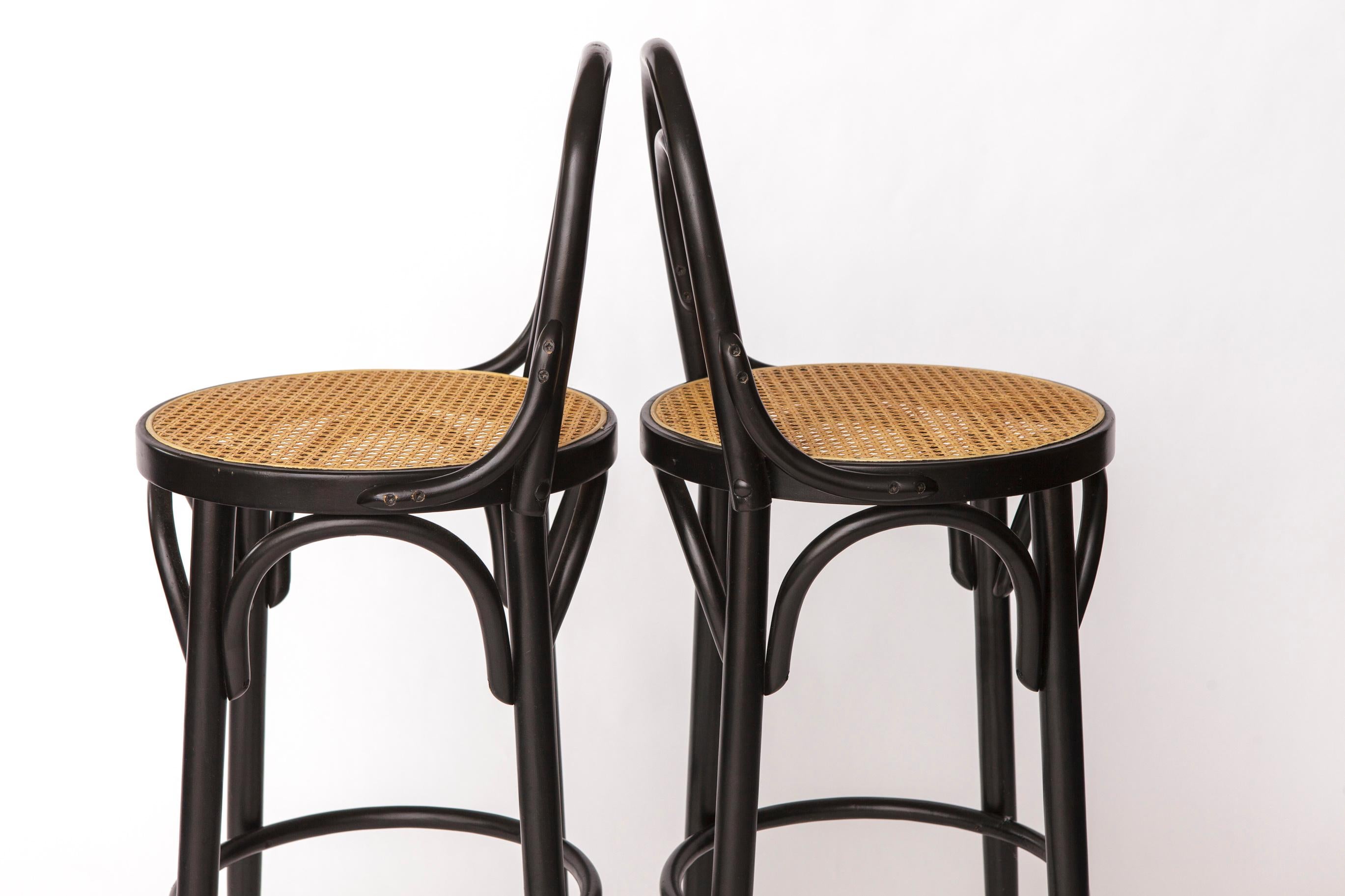 Italian Pair of Bentwood Bar Stools with Vienna Cane Seats – Thonet Style, Black For Sale