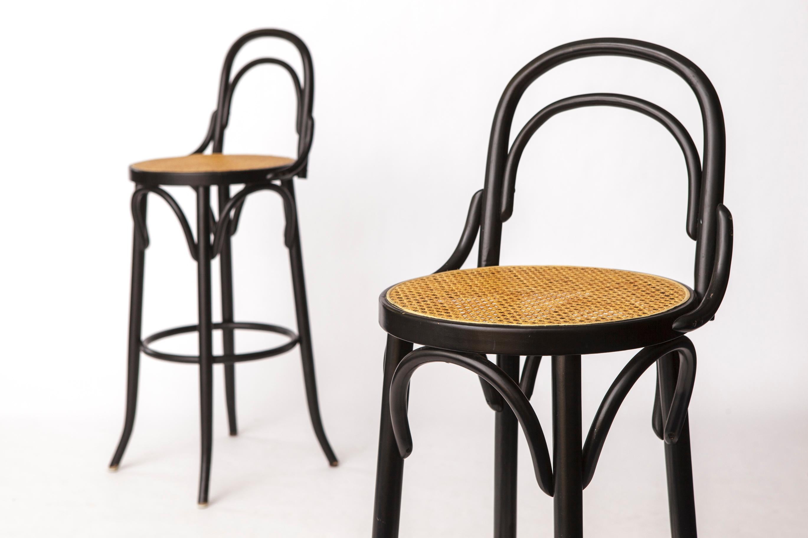 Polished Pair of Bentwood Bar Stools with Vienna Cane Seats – Thonet Style, Black For Sale