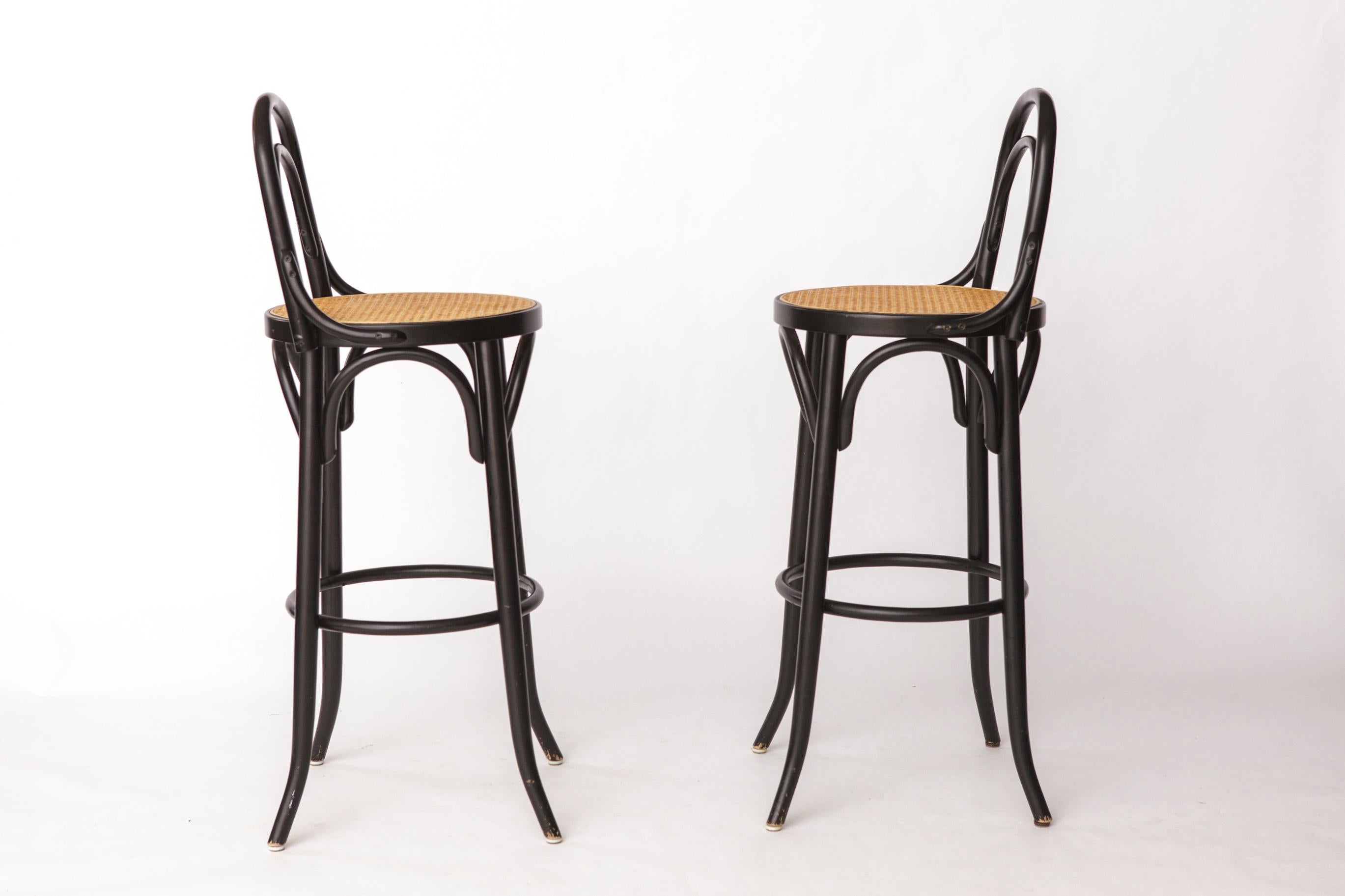 Late 20th Century Pair of Bentwood Bar Stools with Vienna Cane Seats – Thonet Style, Black For Sale