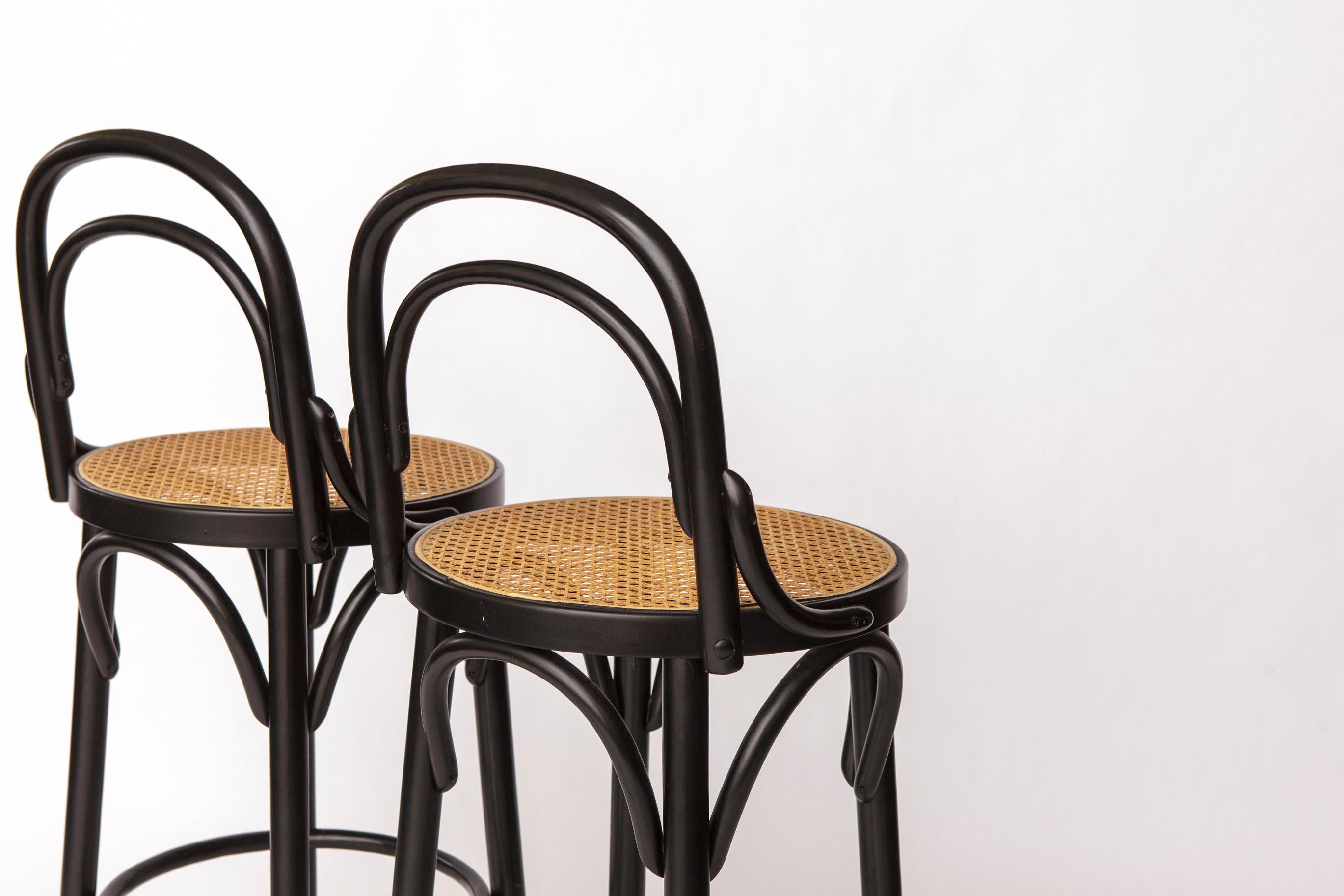 Beech Pair of Bentwood Bar Stools with Vienna Cane Seats – Thonet Style, Black For Sale