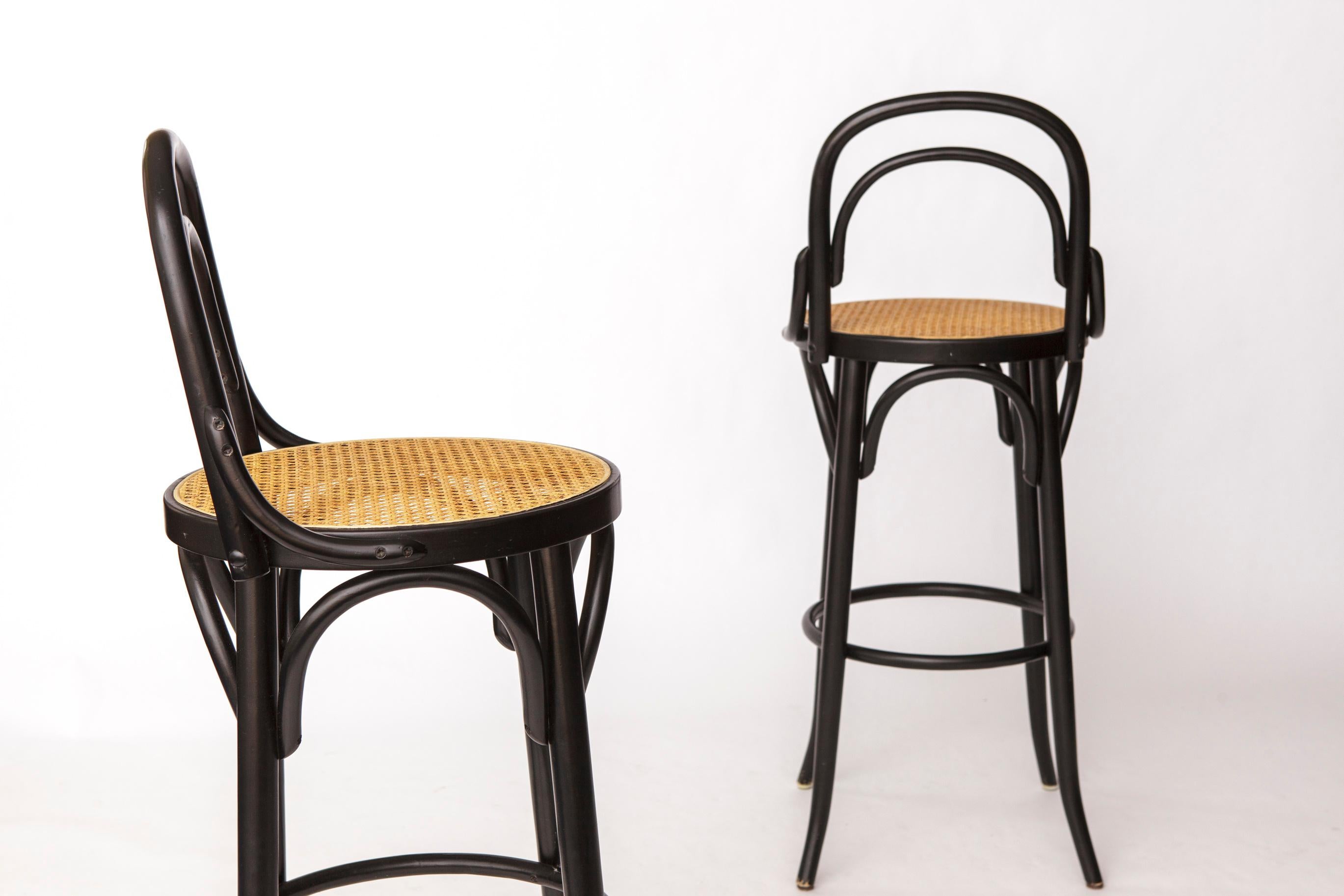 Pair of Bentwood Bar Stools with Vienna Cane Seats – Thonet Style, Black For Sale 1