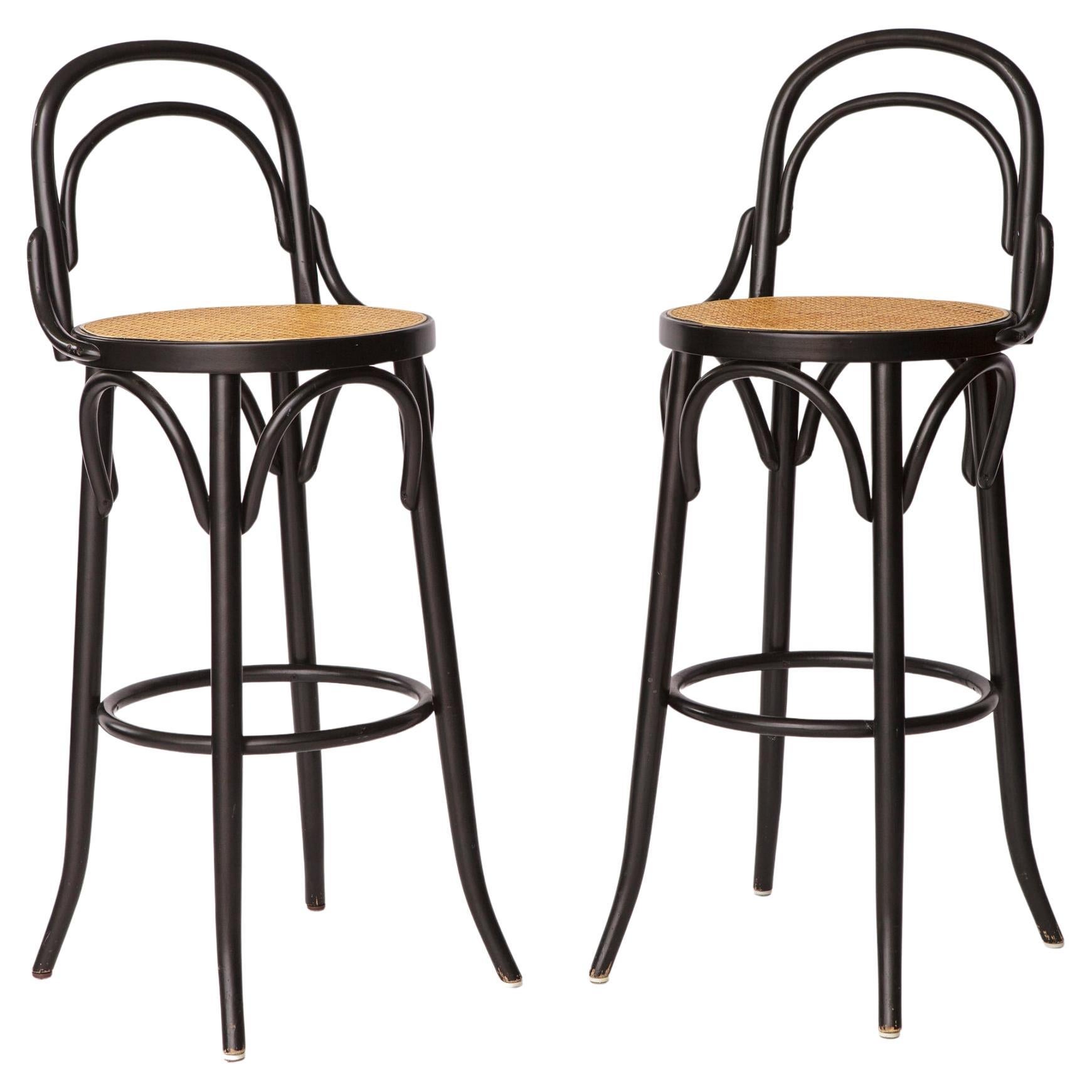 Pair of Bentwood Bar Stools with Vienna Cane Seats – Thonet Style, Black For Sale