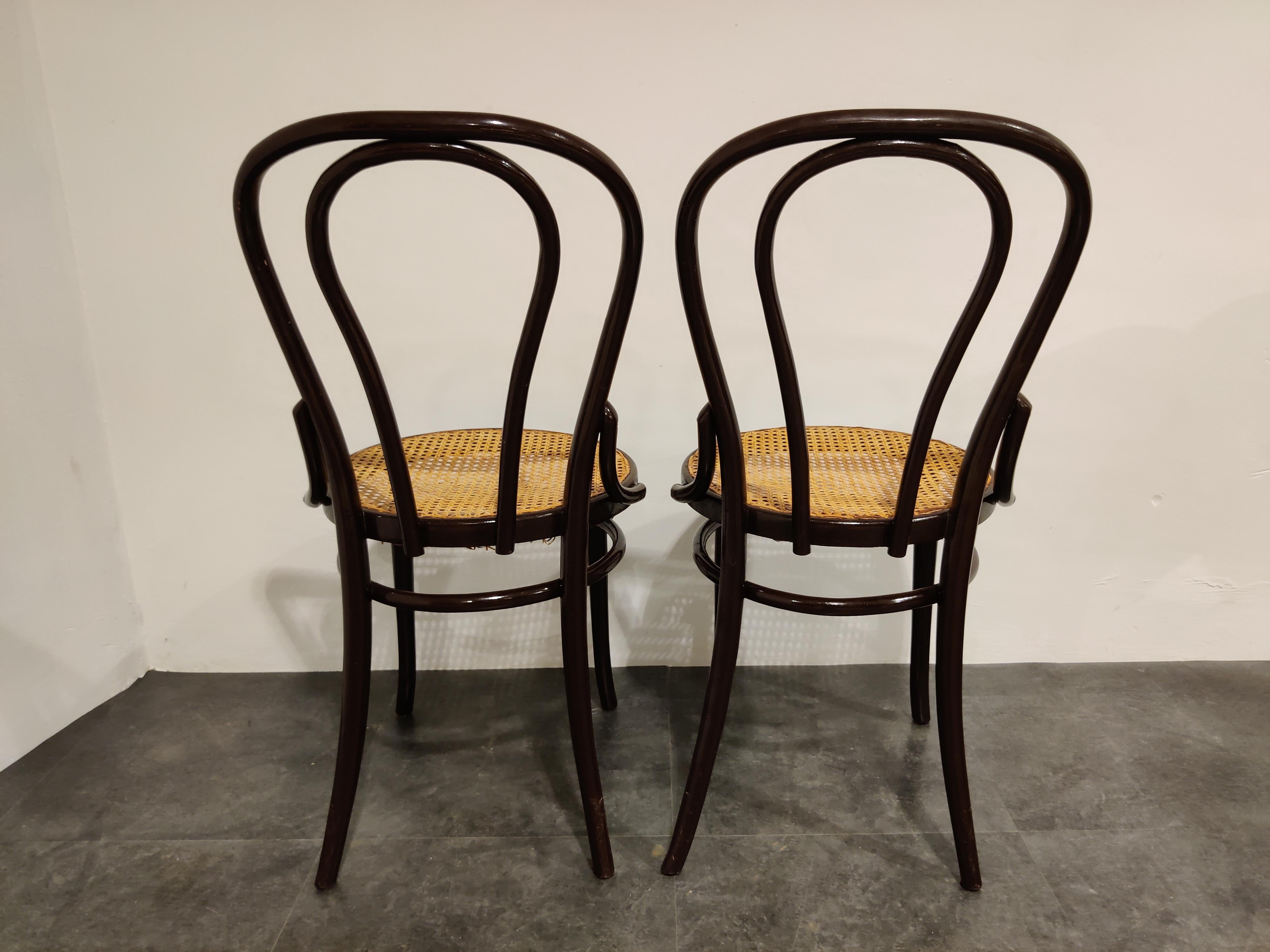 Pair of very elegant bentwood bistro chairs probably made by J&J Kohn. 

Timeless design.

We estimate these chairs to be from the 1950s

Good original condition.

Dimensions: 
Width 43 cm/16.9 inch
Depth 52 cm/20.5 inch
Height 91 cm/35.8