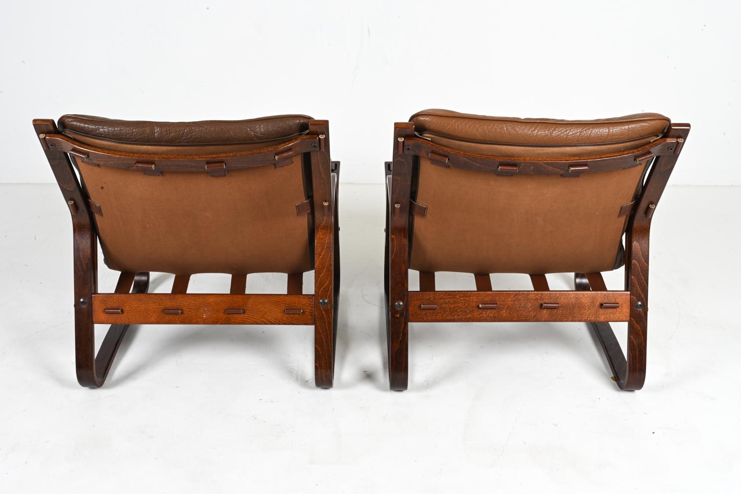 Pair of Bentwood & Buffalo Leather Lounge Chairs by Giske Carlsen for Kleppe For Sale 6