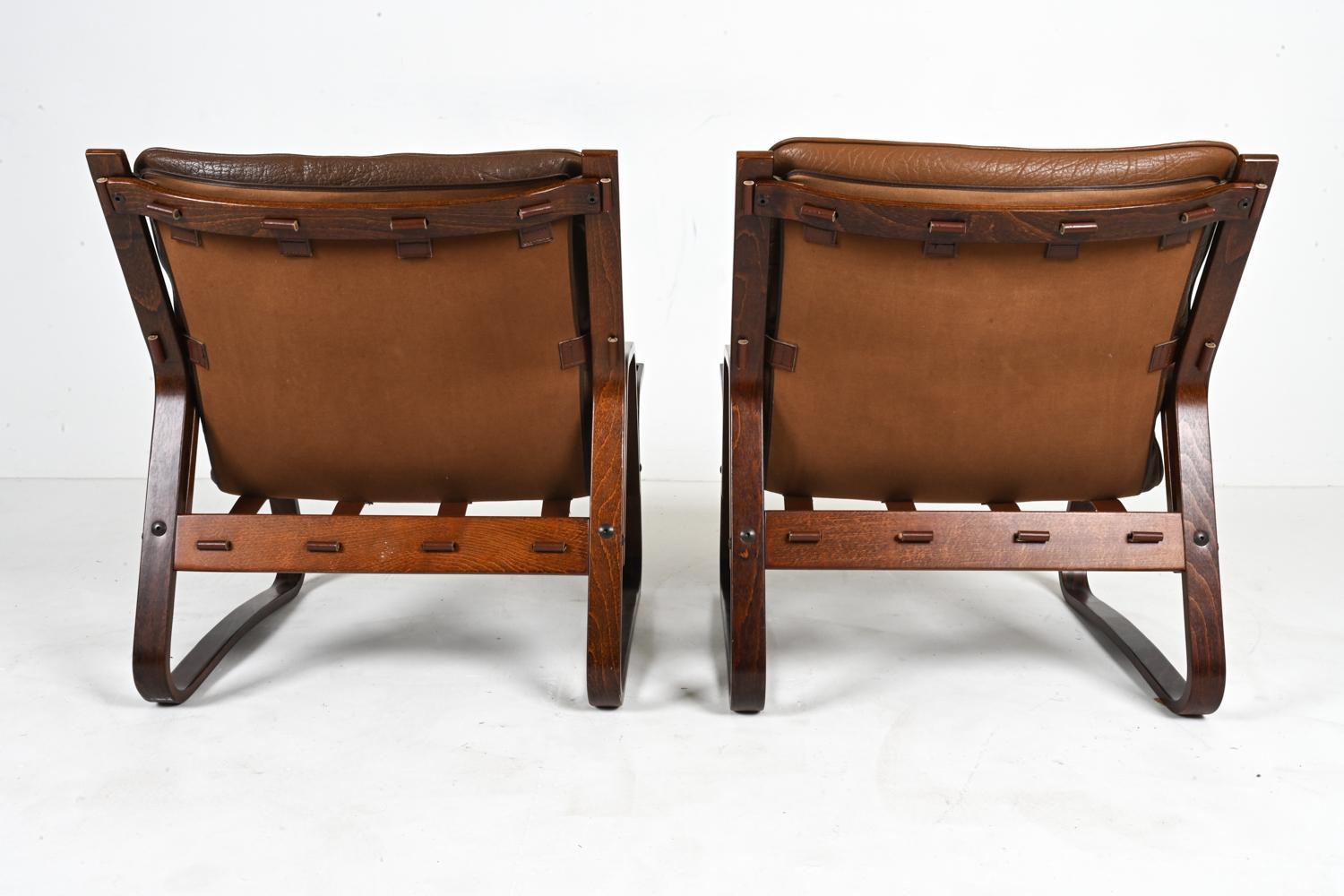Pair of Bentwood & Buffalo Leather Lounge Chairs by Giske Carlsen for Kleppe For Sale 7