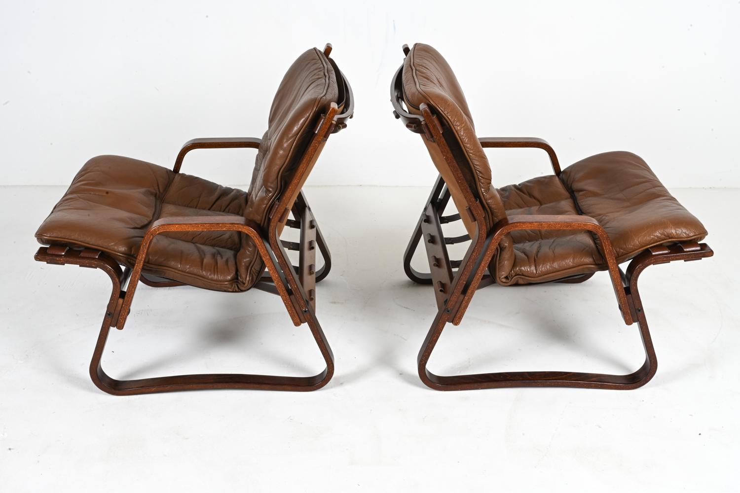 Pair of Bentwood & Buffalo Leather Lounge Chairs by Giske Carlsen for Kleppe For Sale 11