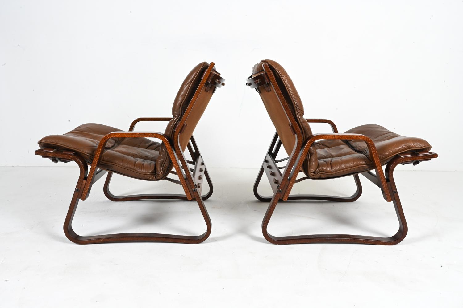 Pair of Bentwood & Buffalo Leather Lounge Chairs by Giske Carlsen for Kleppe For Sale 12