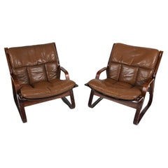 Pair of Bentwood & Buffalo Leather Lounge Chairs by Giske Carlsen for Kleppe