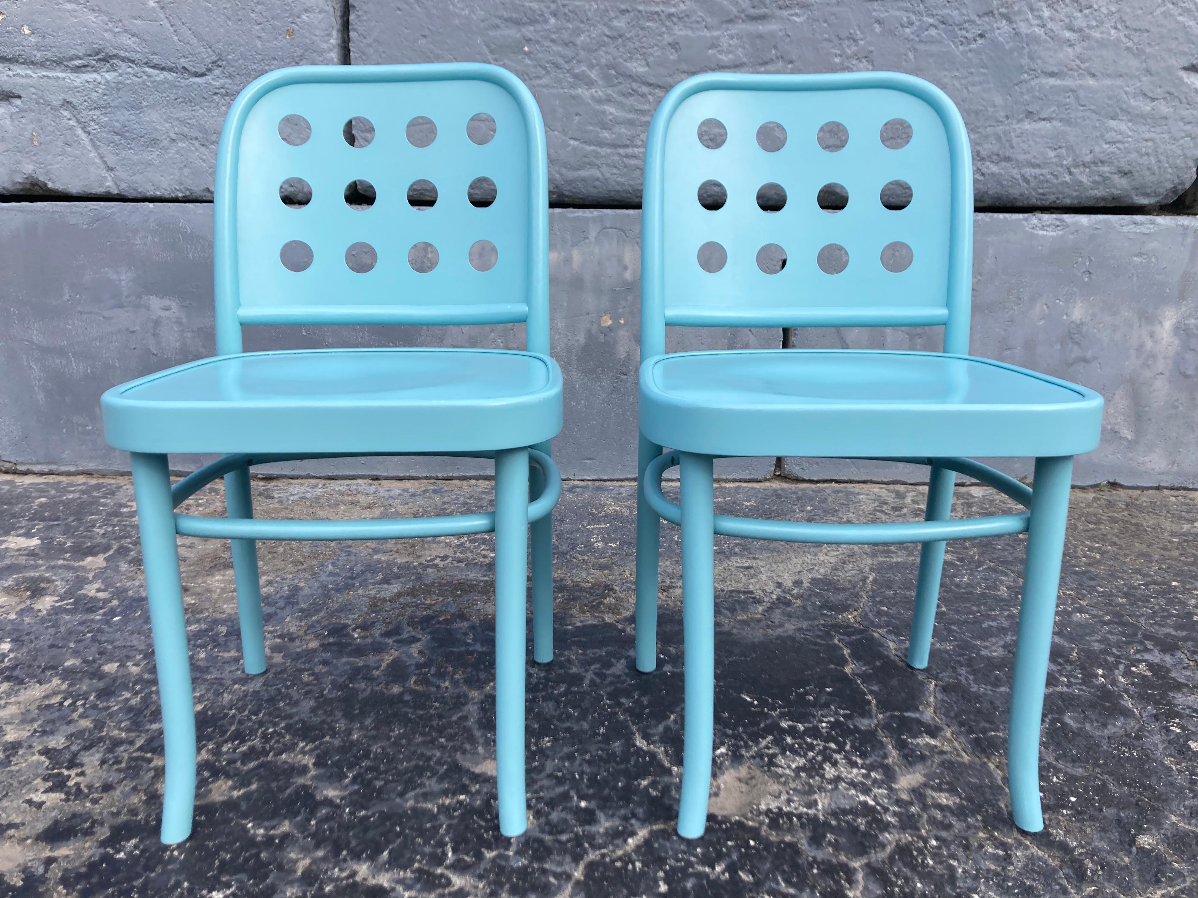 Pair of Bentwood Chairs by Josef Hoffmann & Oswald Haerdtl. Aqua color paint finish. Made in Poland. Retailed through DWR.