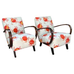 Pair of Bentwood Lounge Chairs in the Style of Halabala in Raoul Textile