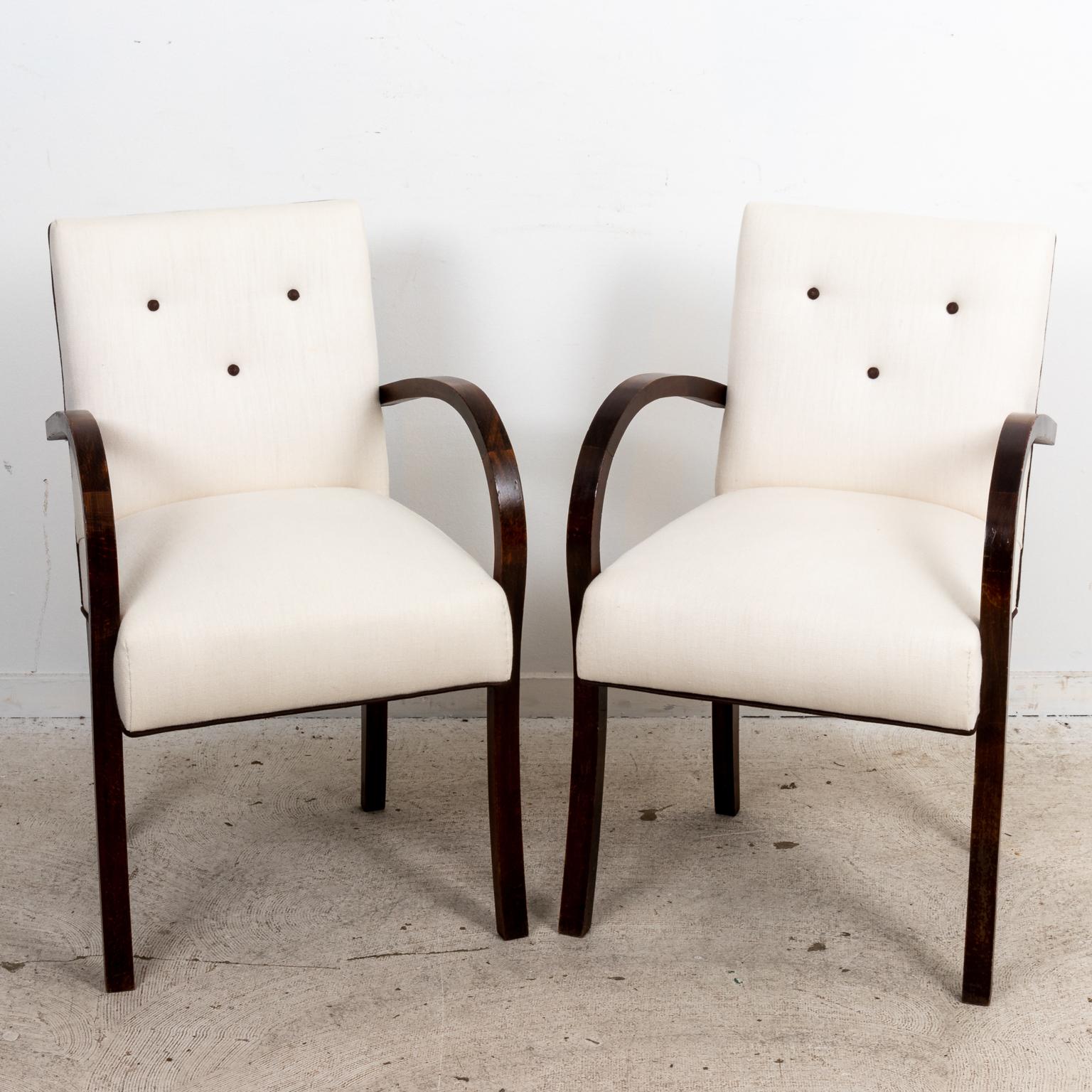 German Pair of Bentwood Mid-Century Armchairs in Cream Linen Upholstery