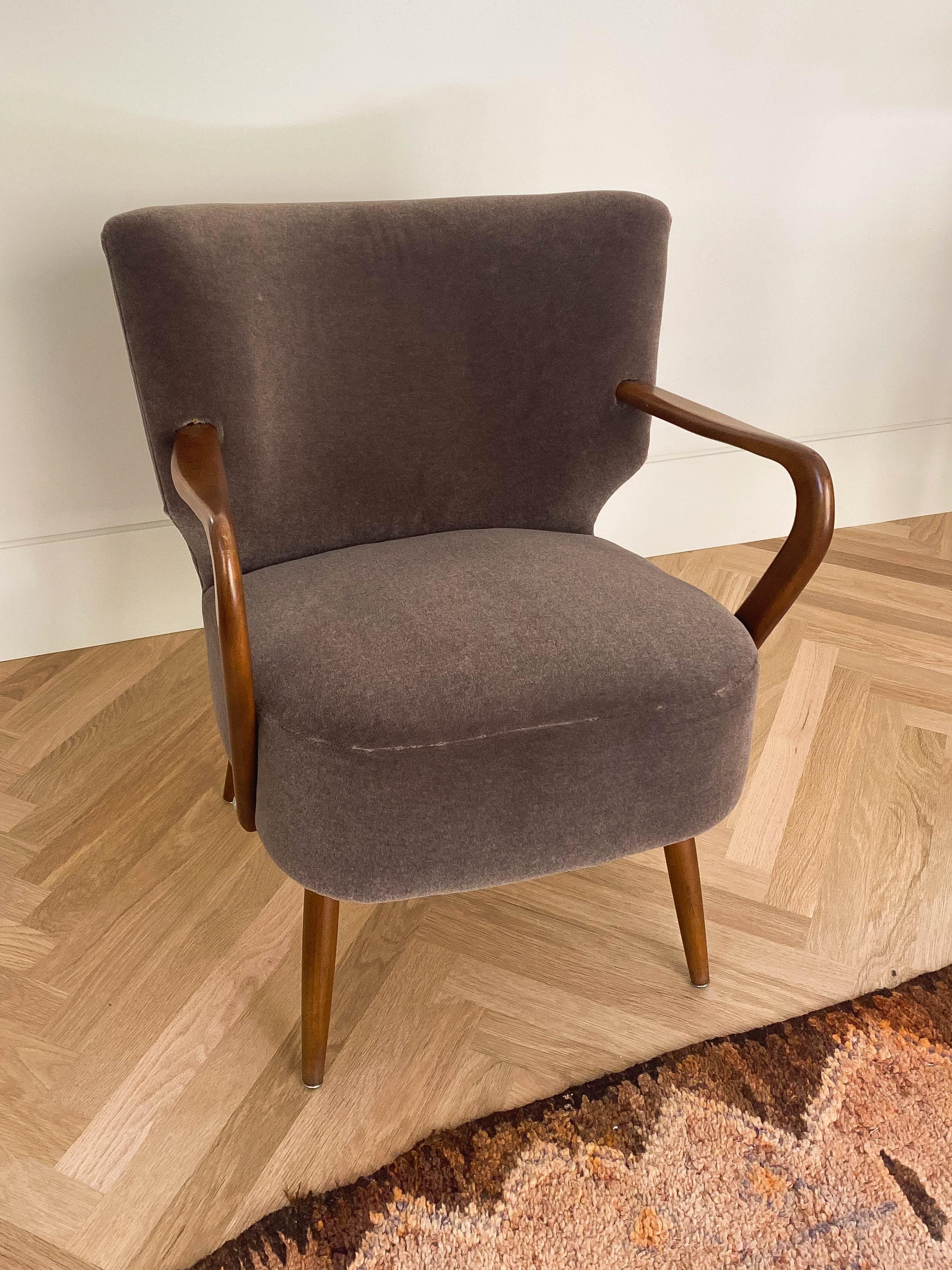 Pair of bentwood office chairs in subtle new Mohair with new seat and backing.