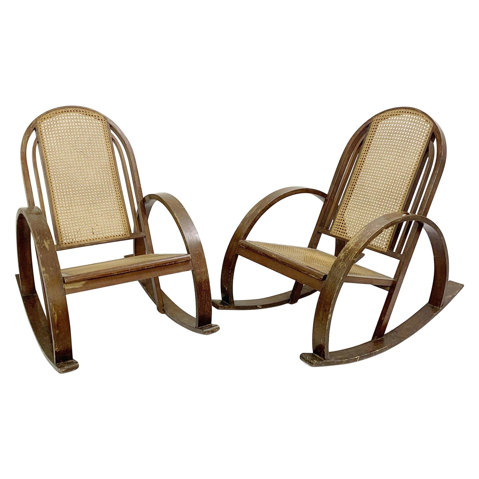 Pair of Bentwood Rocking Chairs with Sitting and Back in Caning