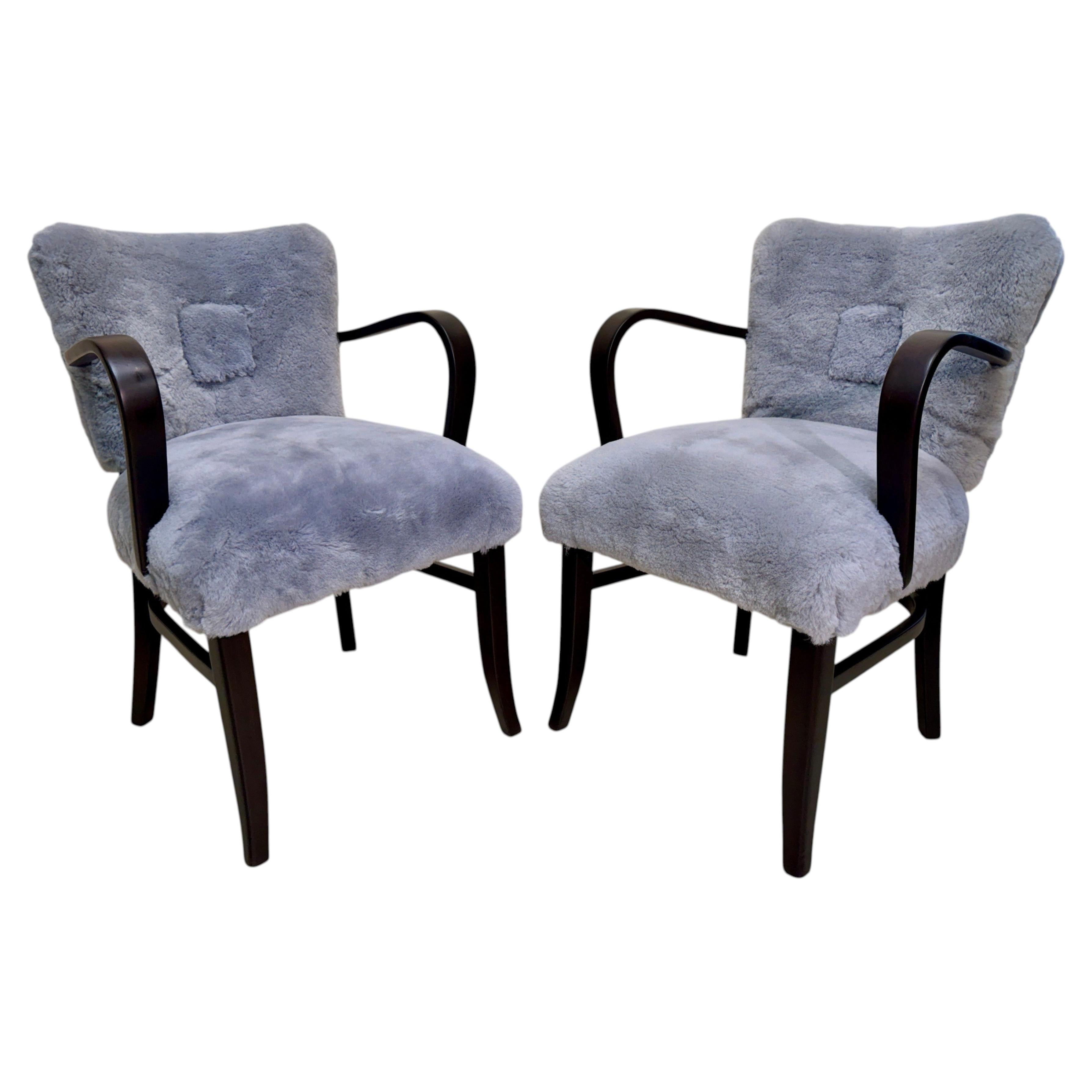 Pair of Bentwood & Shearling Covered Art Deco Side Chairs For Sale
