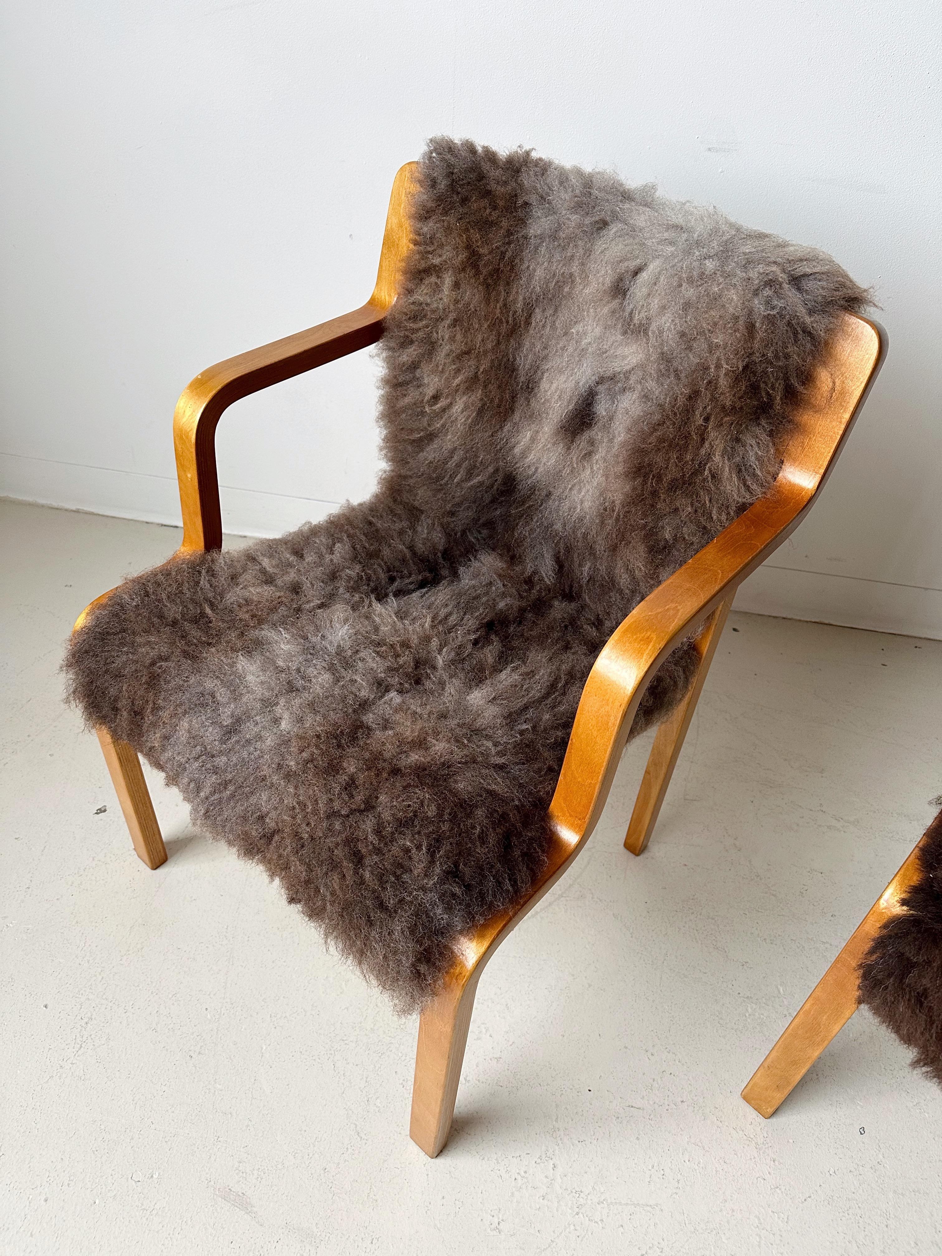 European Pair of Bentwood & Sheepskin Chairs by Asko Finland