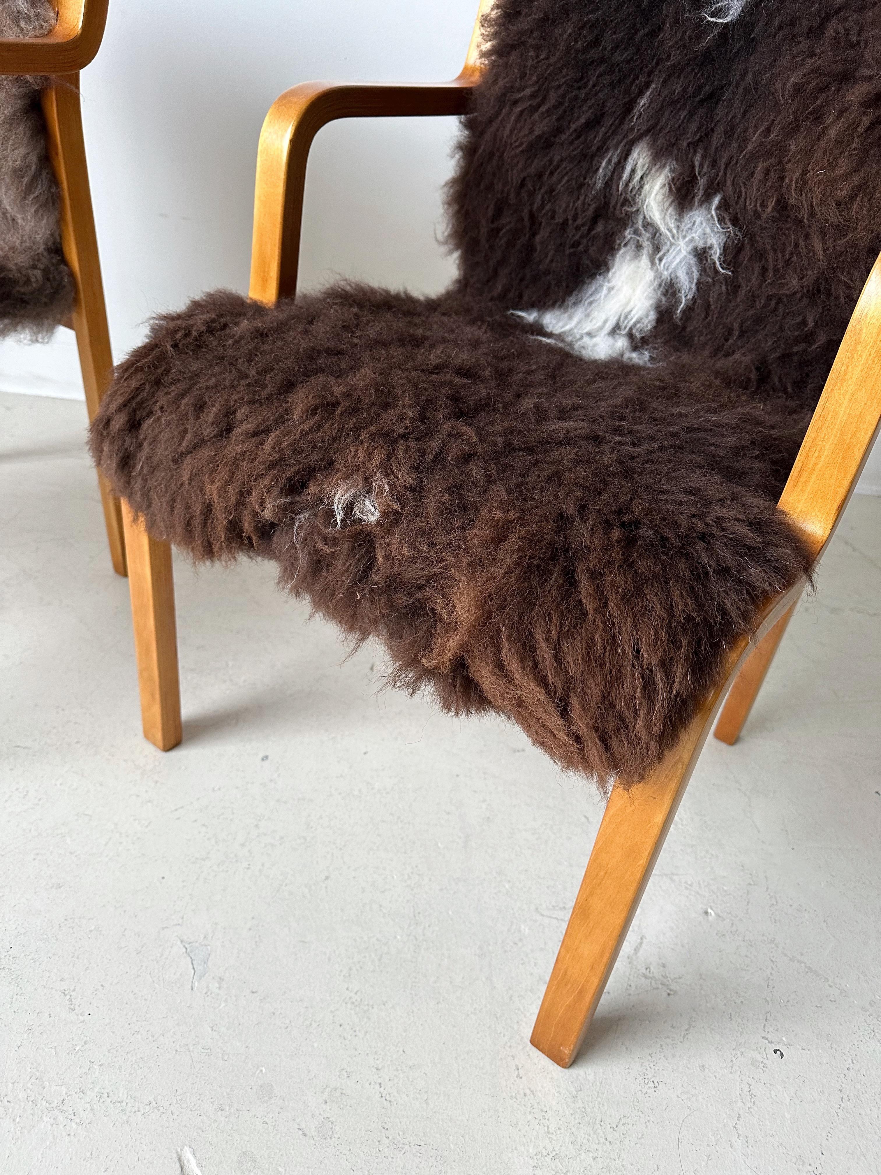 Pair of Bentwood & Sheepskin Chairs by Asko Finland 2