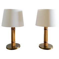 Pair of Bergboms "B-105" Table Desk Lamps in Brass Leather and Bamboo, 1960s