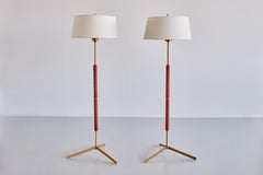 Pair of Bergboms G-31 Floor Lamps in Brass, Leather and Linen, Sweden, 1940s
