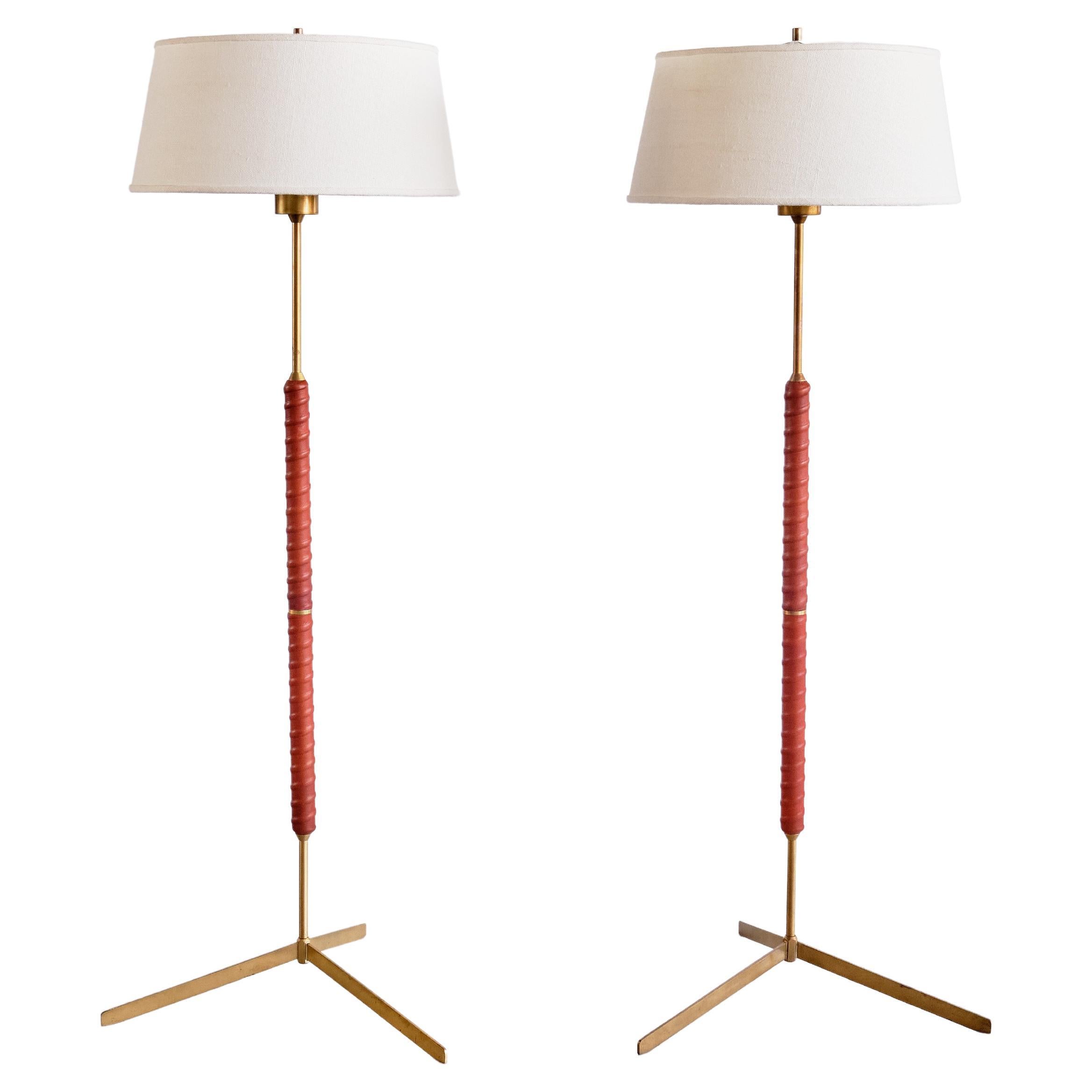 Pair of Bergboms G-31 Floor Lamps in Brass, Leather and Linen, Sweden, 1940s For Sale