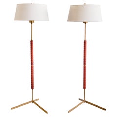 Pair of Bergboms G-31 Floor Lamps in Brass, Leather and Linen, Sweden, 1940s