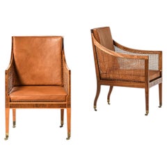Pair of Bergère Armchairs in Cane, Leather & Mahogany by Kaare Klint, 1931