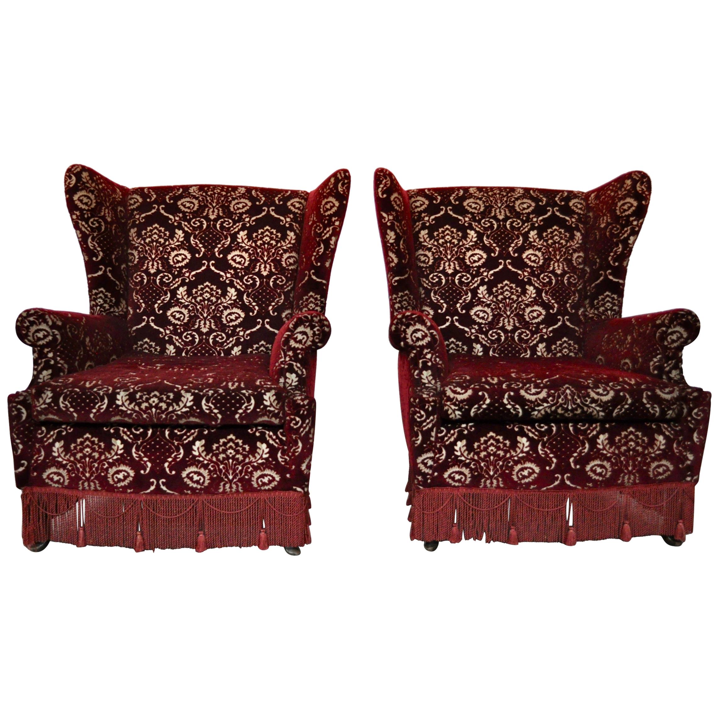 Pair of Bergere Armchairs in Damask Velvet and Fringes Italy, 1950 For Sale