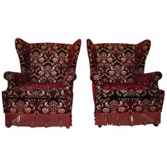 Pair of Bergere Armchairs in Damask Velvet and Fringes Italy, 1950