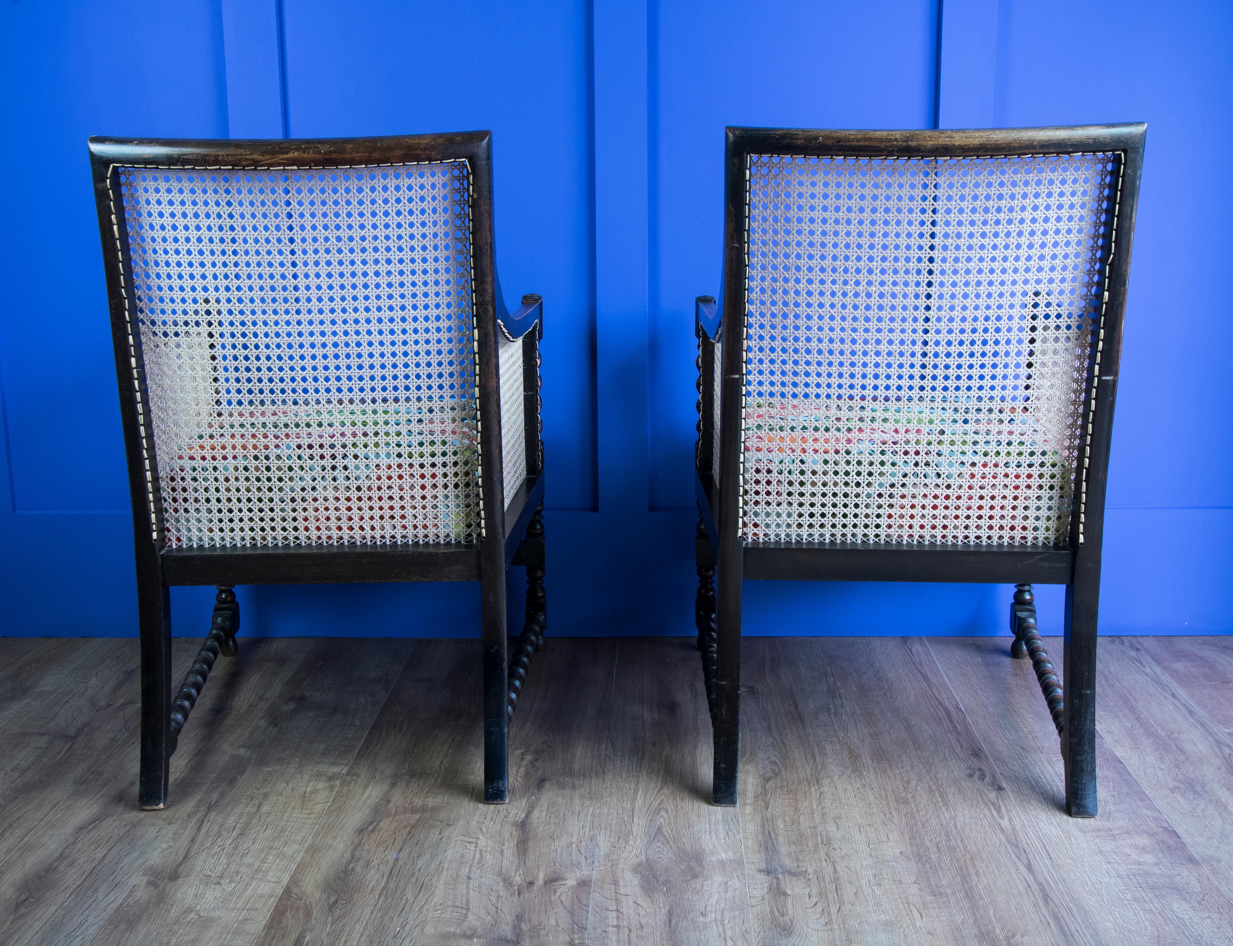 British Pair of Bergère Beech Chairs with New Canework Featuring Schumacher Fabric For Sale