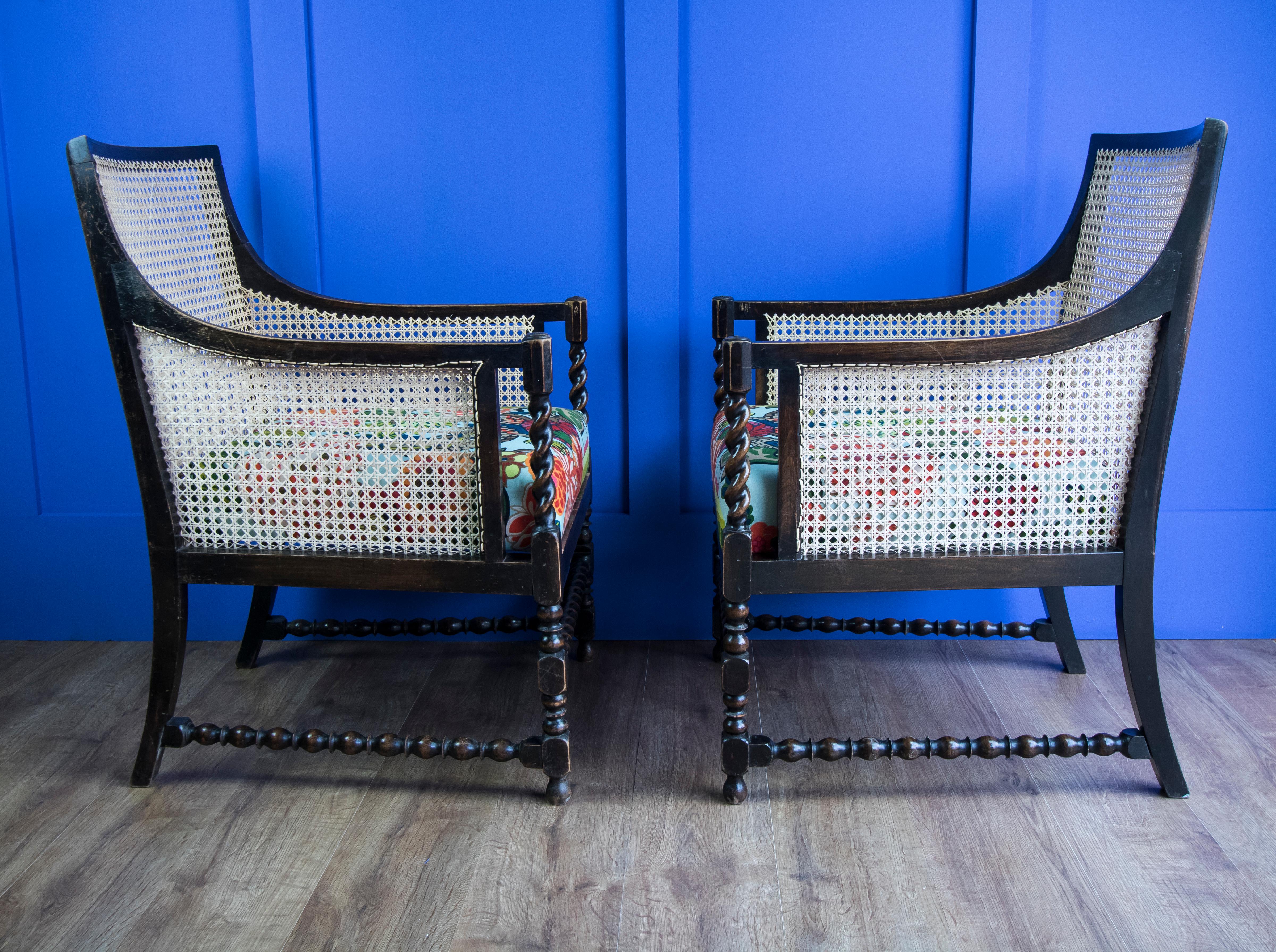 Turned Pair of Bergère Beech Chairs with New Canework Featuring Schumacher Fabric For Sale