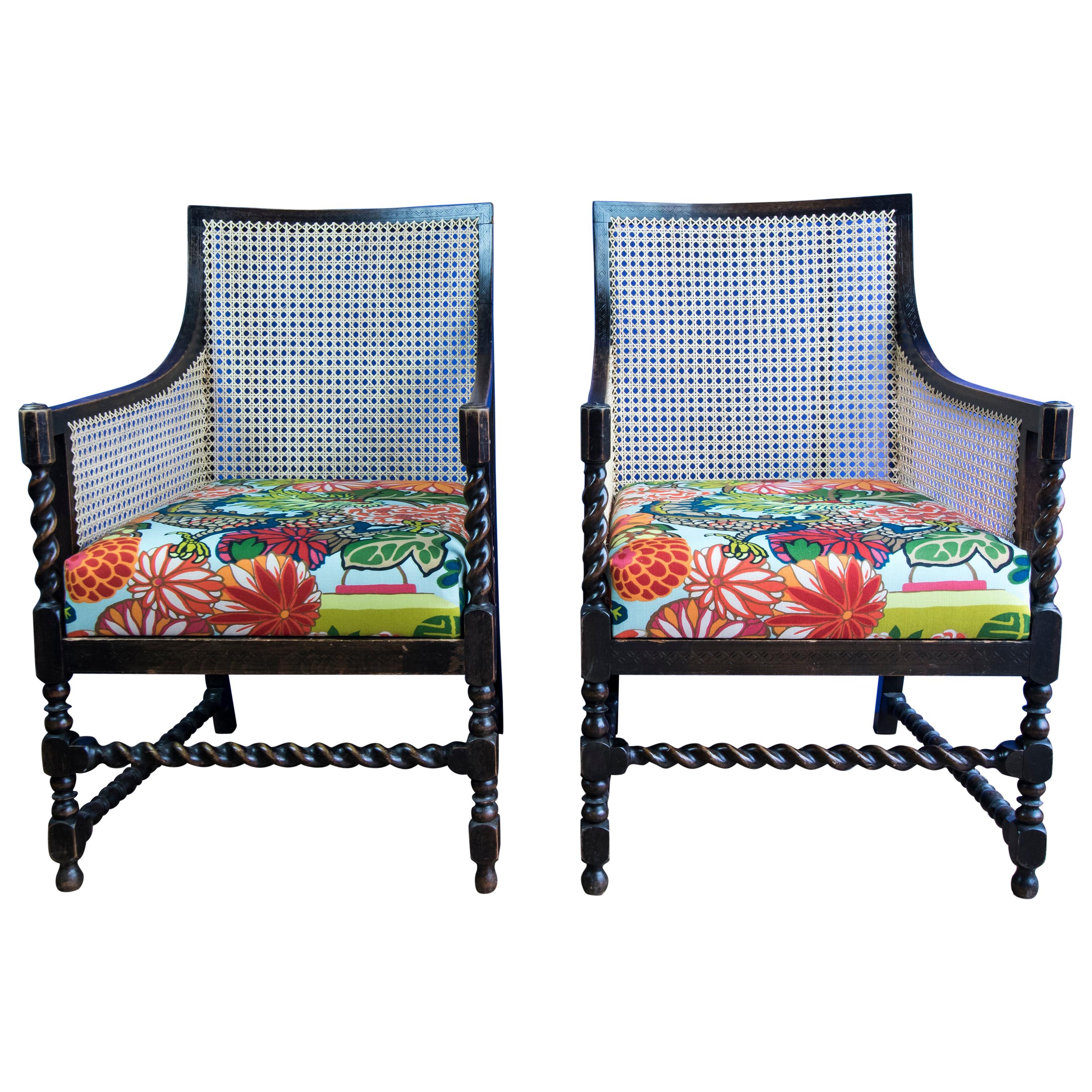 Pair of Bergère Beech Chairs with New Canework Featuring Schumacher Fabric For Sale