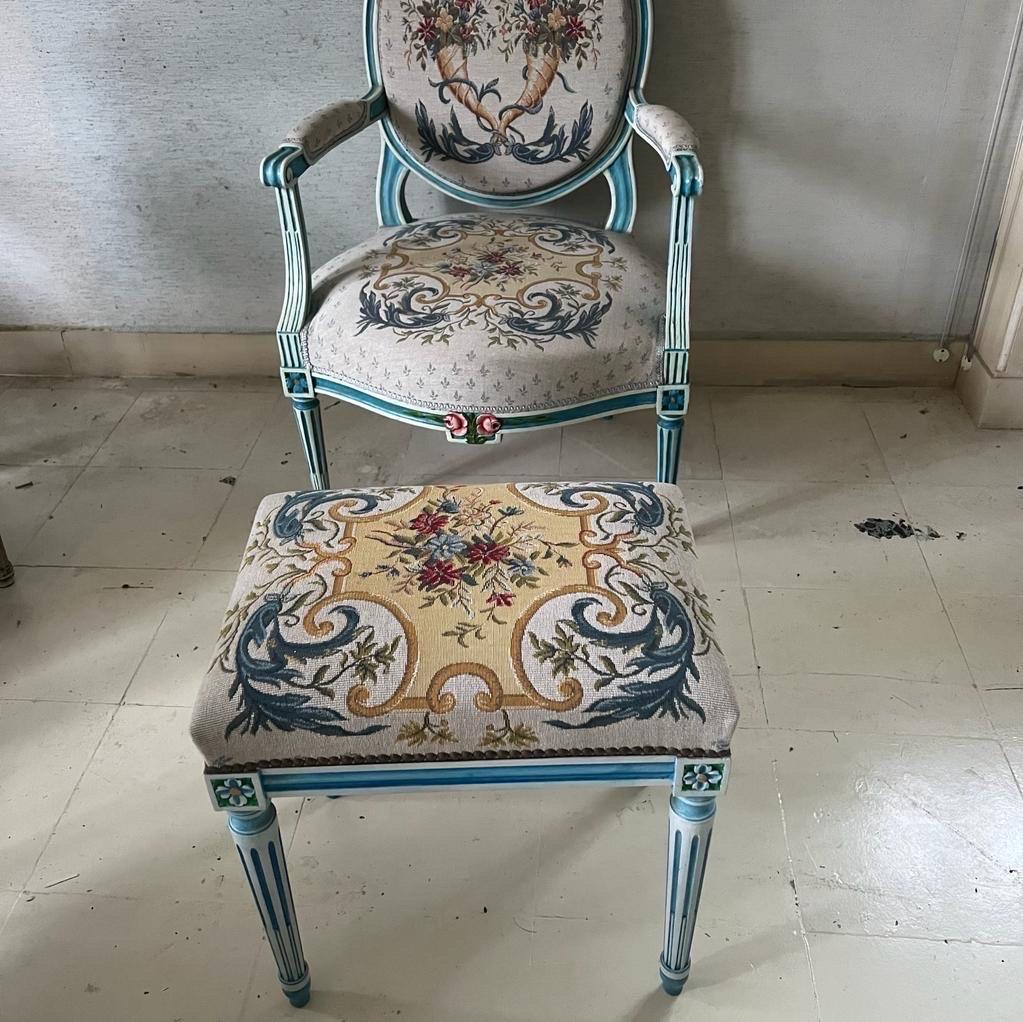 Louis XVI Pair of  Bergere chair with ottoman style XVI wood painted For Sale